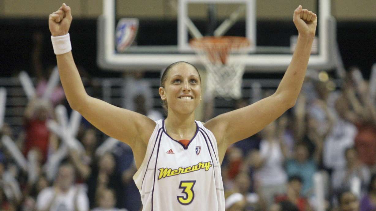 FILE - Phoenix Mercury guard Diana Taurasi celebrates a field goal late in the fourth quarter against the San Antonio Silver Stars during Game 2 of the WNBA Western Conference basketball finals Saturday, Sept. 1, 2007, in Phoenix.