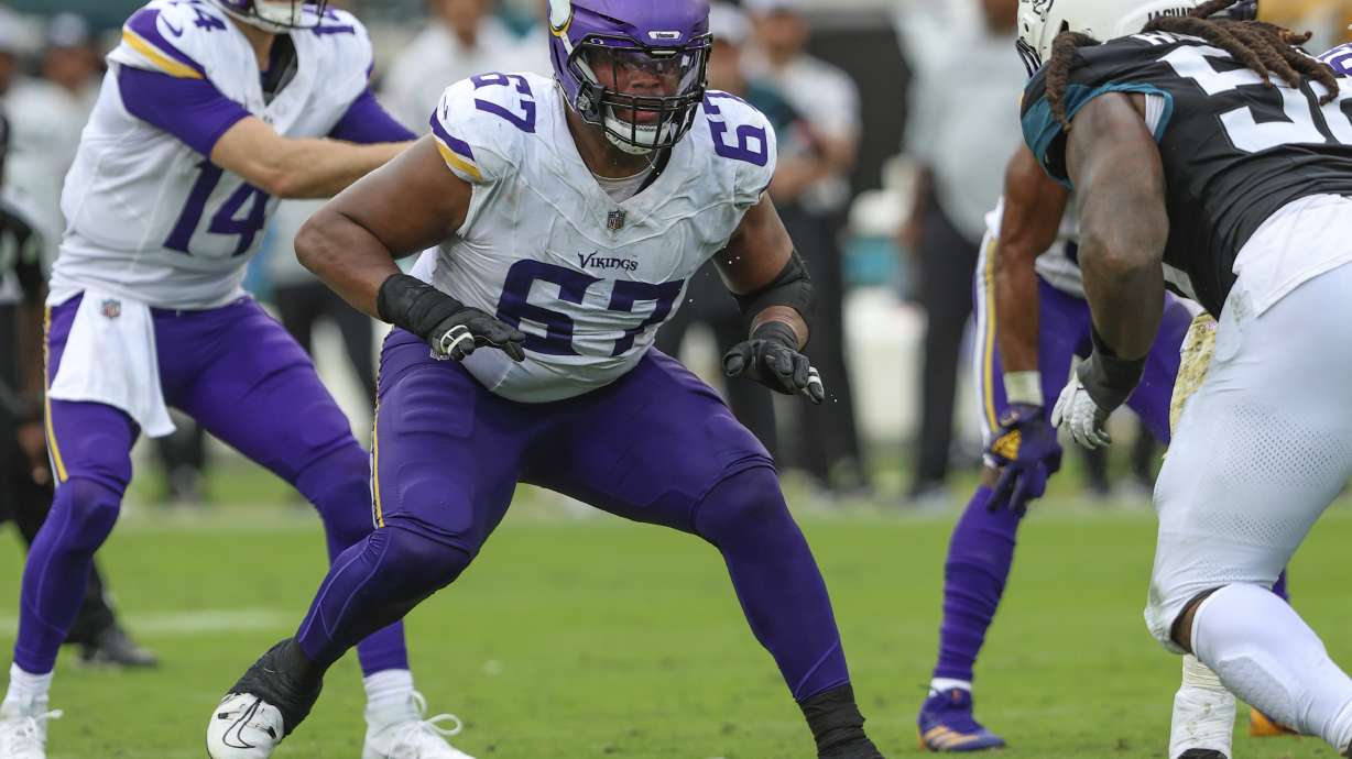 FILE - Minnesota Vikings guard Ed Ingram (67) reacts at the snap during an NFL football game against the Jacksonville Jaguars, Nov. 10, 2024, in Jacksonville, Fla.