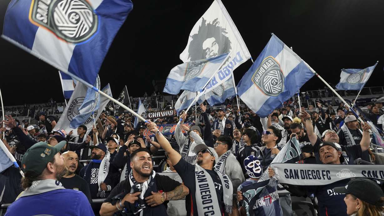 San Diego FC fans sing before the team hosts St. Louis City in an MLS soccer match Saturday, March 1, 2025, in San Diego.