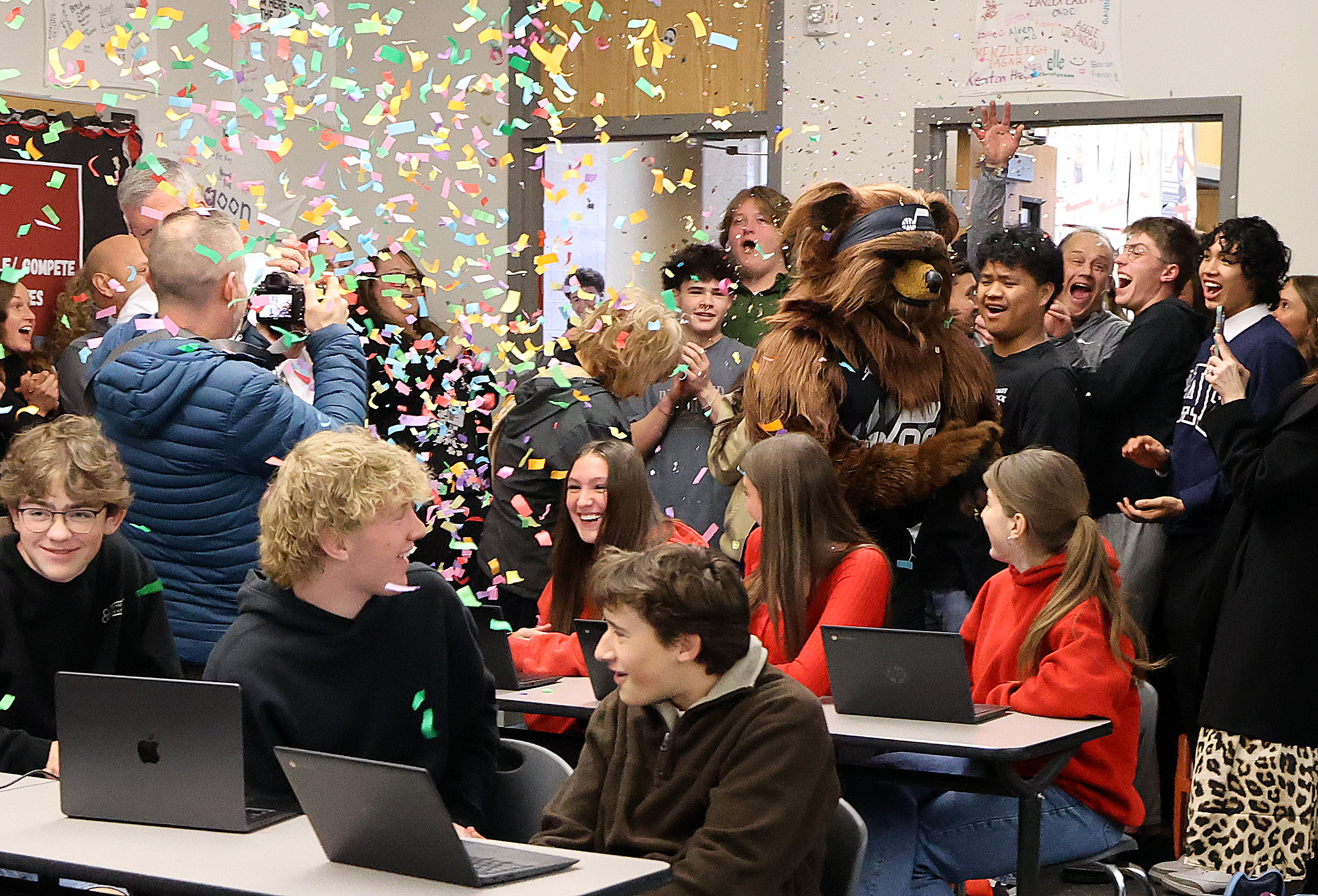 Jazz Bear arrives to recognize Herriman High School teacher Randy Kammerman as Utah Jazz Most Valuable Educator at Herriman High School in Herriman on Thursday.