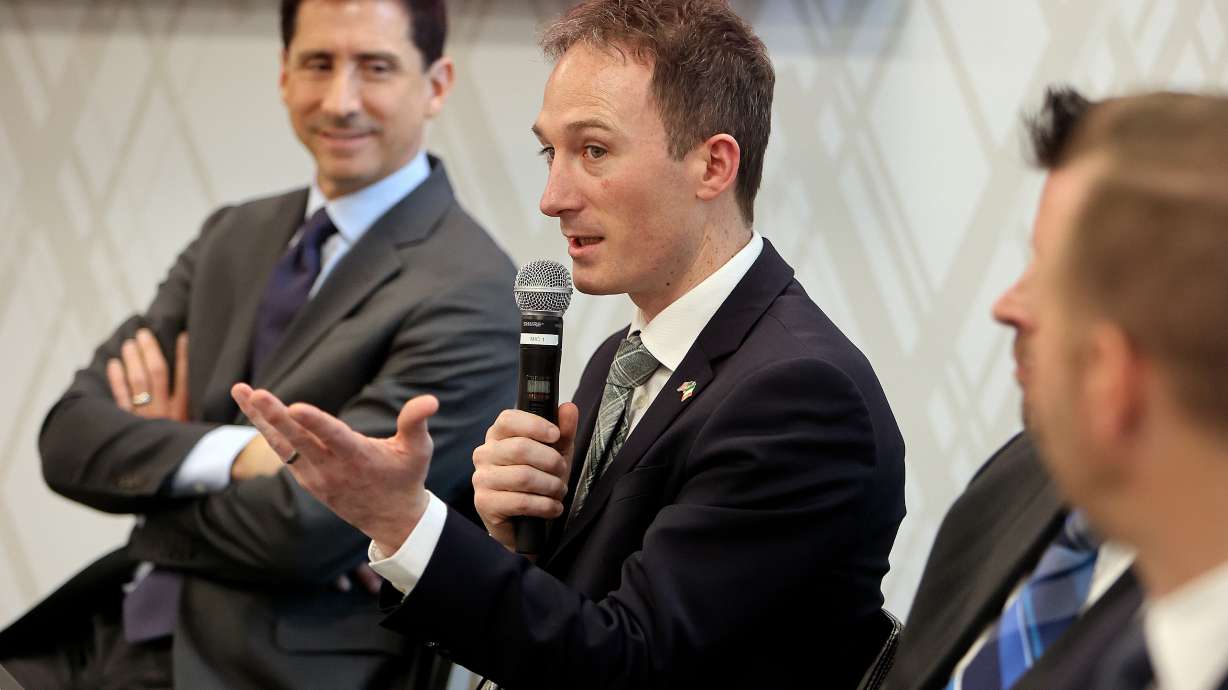 Alan Dillon, Ireland’s Minister of State at the Department of Enterprise, Trade, and Employment, speaks at a lunch with Consul General Marcella Smyth, the Industrial Development Agency, and members of the Utah business community, during Dillon’s first visit to Utah at the World Trade Center Utah in Salt Lake City on Thursday.