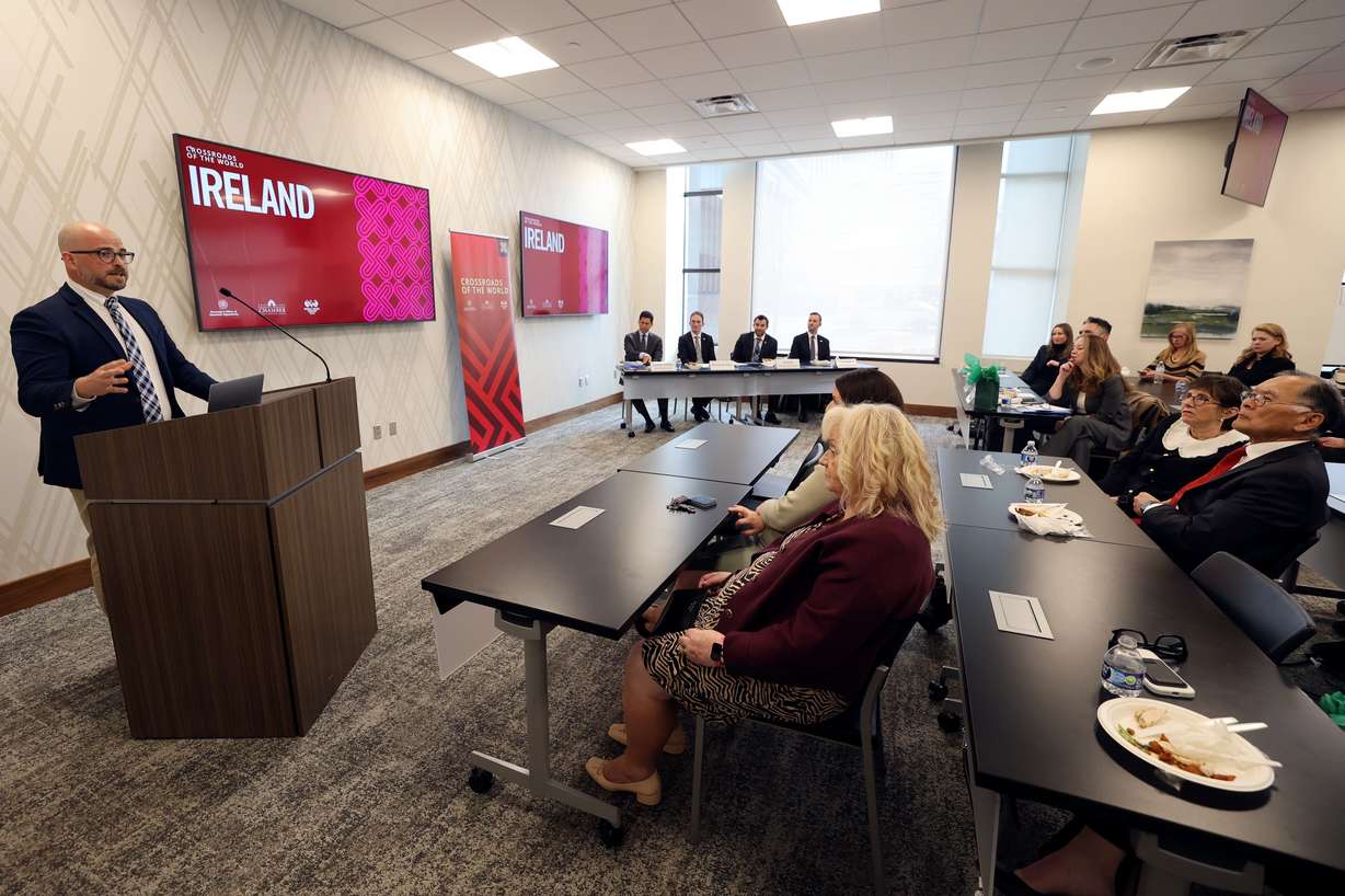 Grant Baskerville, doTERRA director of global affairs and strategic partnerships, speaks at a lunch with Alan Dillon, Ireland’s Minister of State at the Department of Enterprise, Trade, and Employment, Consul General Marcella Smyth, the Industrial Development Agency, and members of the Utah business community, during Dillon’s first visit to Utah at the World Trade Center Utah in Salt Lake City on Thursday.