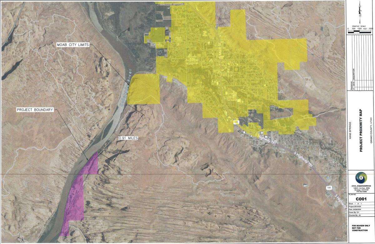 The image shows the boundaries of Kane Creek, in purple, a proposed Grand County city modeled under the parameters of SB258, approved by Utah lawmakers in 2024. Moab is shown in yellow.