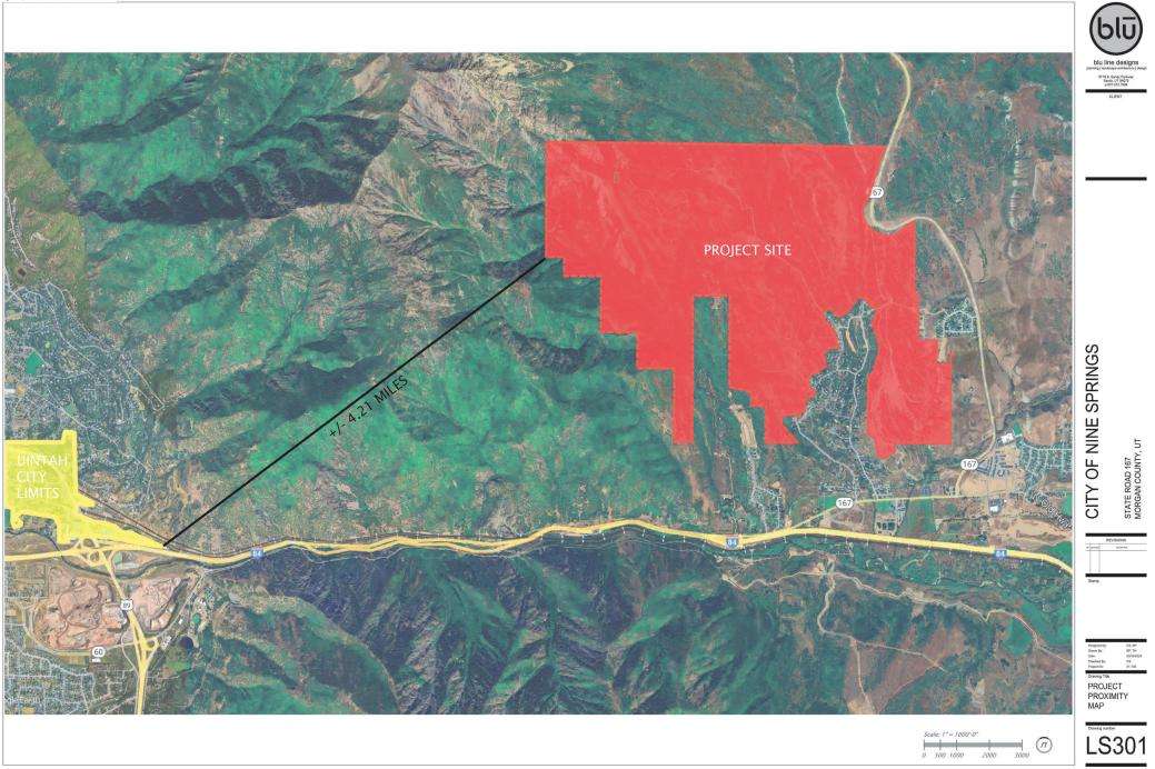 The image shows the boundaries of Nine Springs, in red, a proposed Morgan County city modeled under the parameters of SB258, approved by Utah lawmakers in 2024.