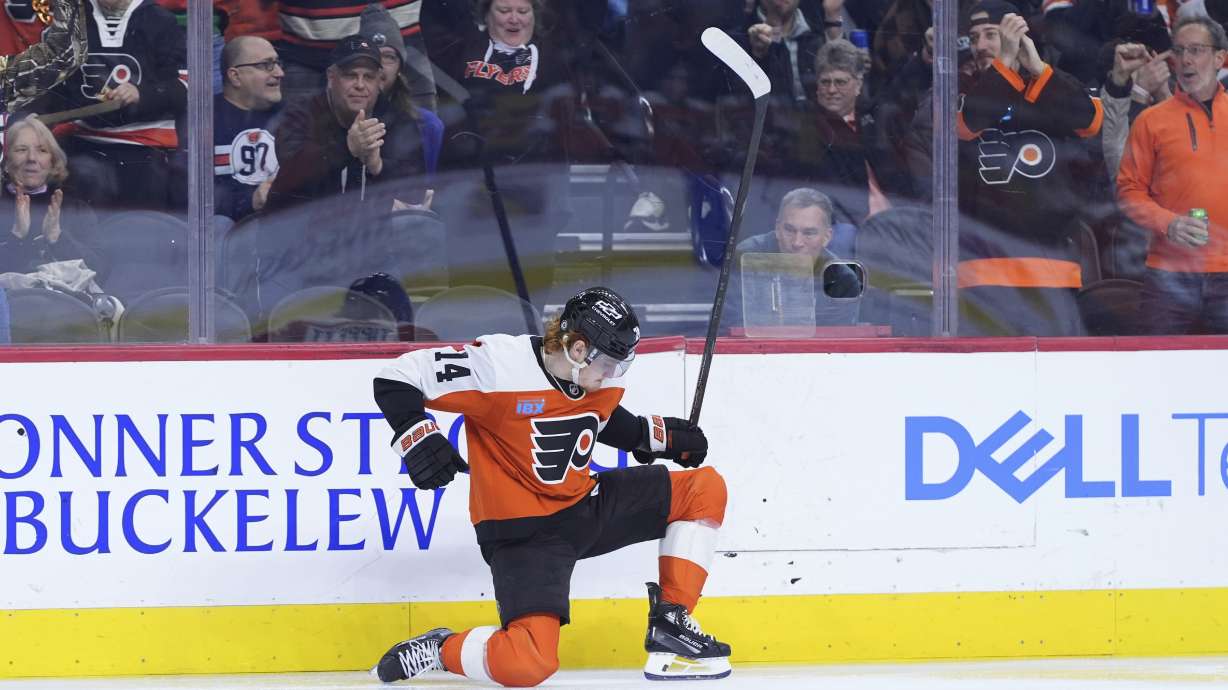 Philadelphia Flyers' Owen Tippett celebrates after scoring a goal during the second period of an NHL hockey game against the Edmonton Oilers, Saturday, Feb. 22, 2025, in Philadelphia.