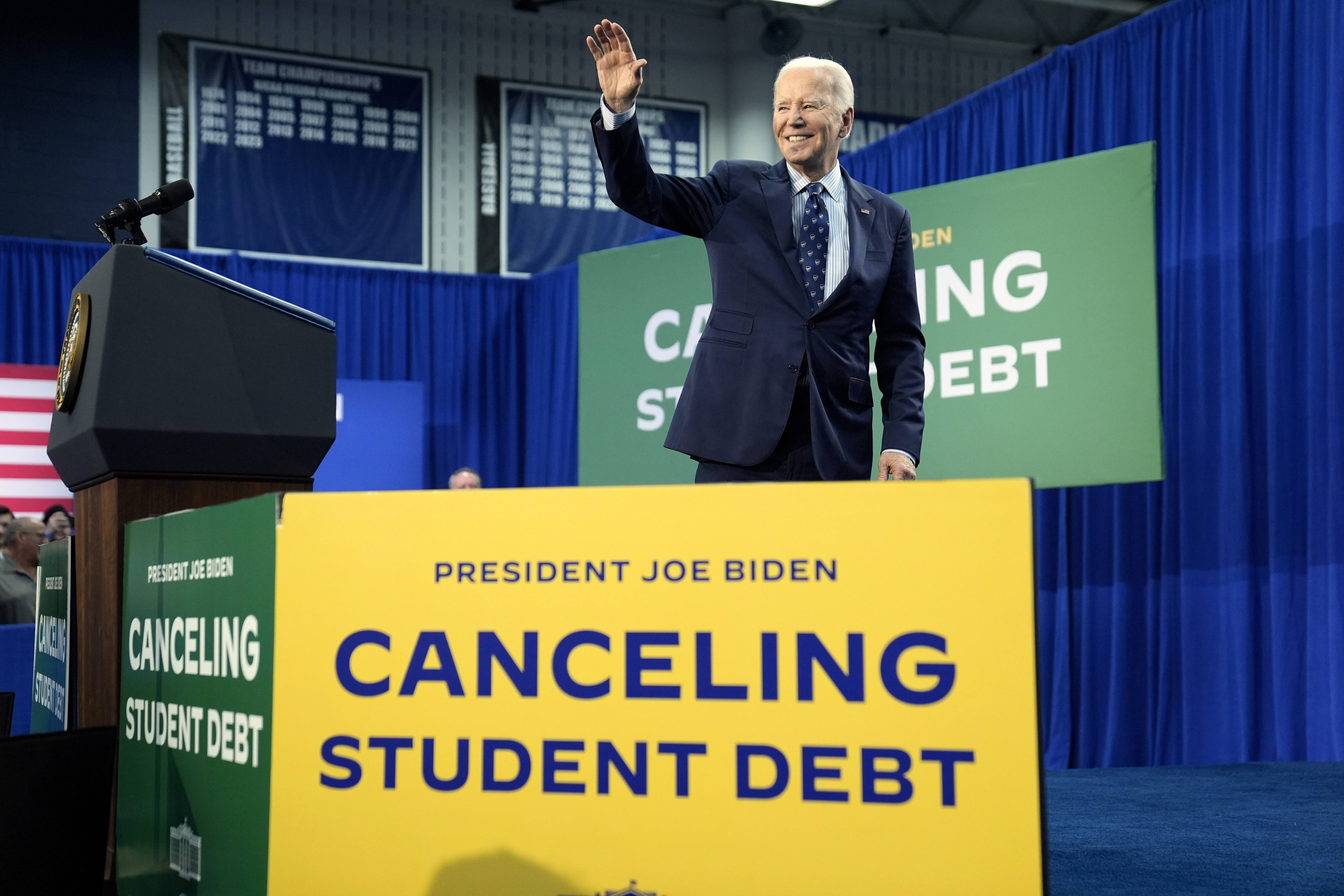 President Joe Biden departs after delivering remarks on student loan debt at Madison College, April 8, 2024, in Madison, Wisconsin.