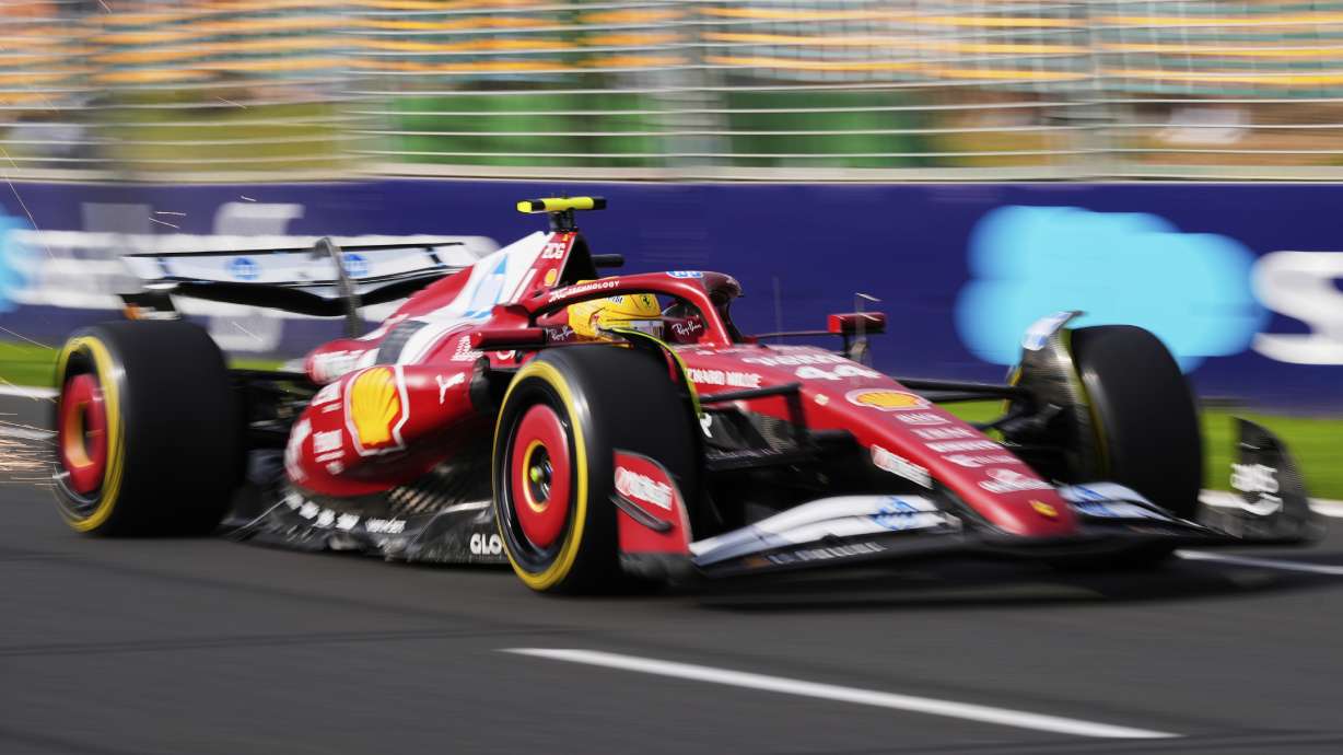 Ferrari driver Lewis Hamilton of Britain steers his car during the second practice session for the Australian Formula One Grand Prix at Albert Park, in Melbourne, Australia, Friday, March 14, 2025.