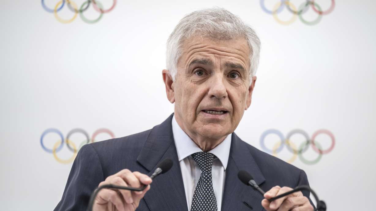 FILE - Candidate to the presidency of the International Olympic Committee (IOC) Juan Antonio Samaranch Junior speaks during a press conference following a presentation before their fellow IOC members in Lausanne, Switzerland, Thursday, Jan 30, 2025