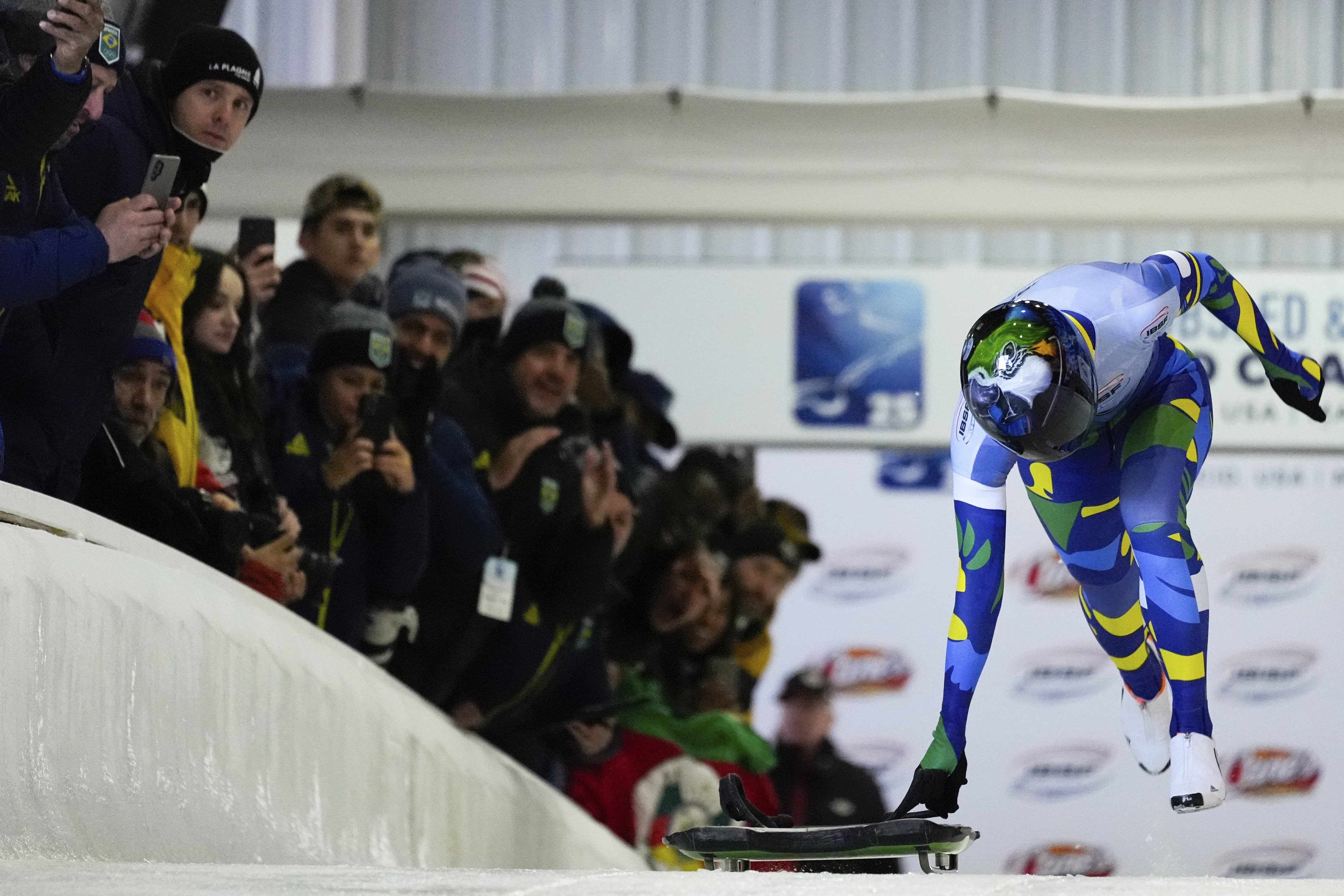 Nicole Rocha Silveira, of Brazil, competes during her first run at the skeleton world championships, Thursday, March 6, 2025, in Lake Placid, N.Y.