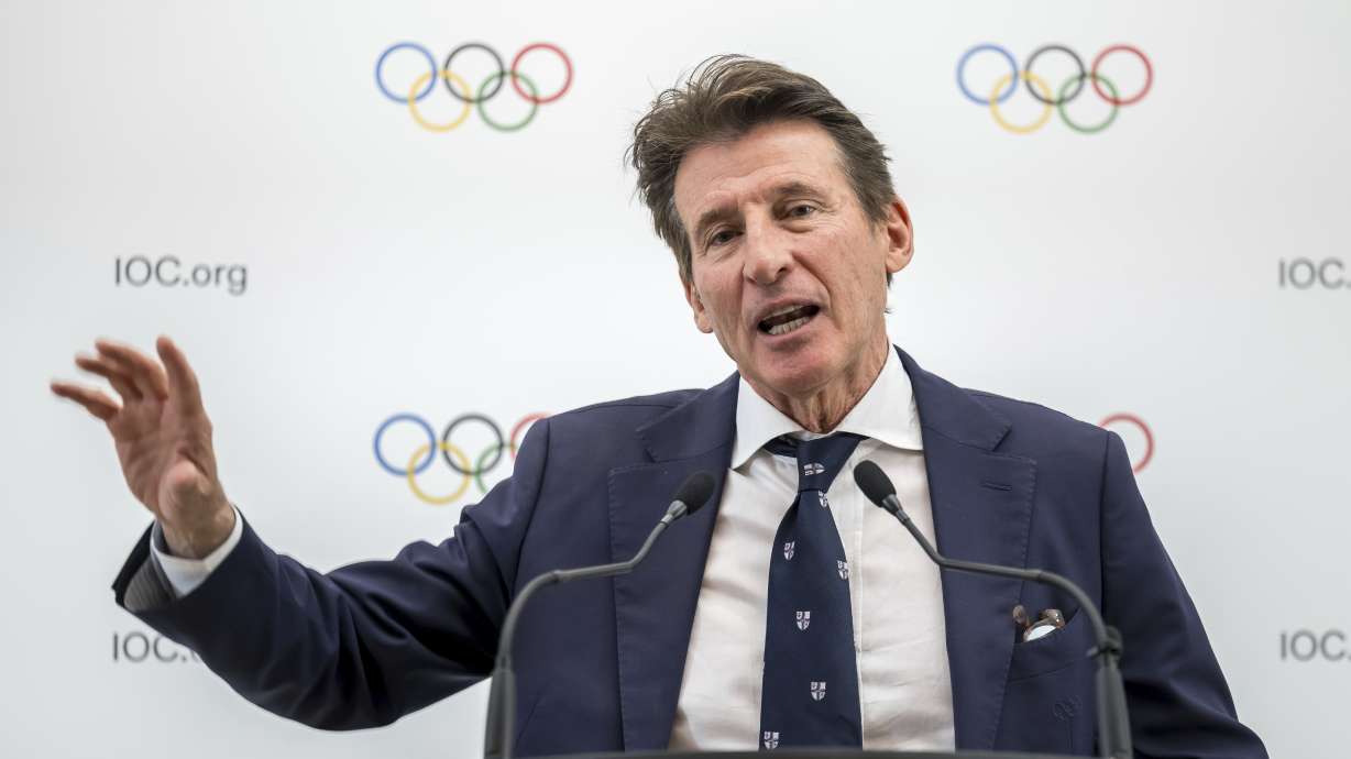 FILE - Candidate to the presidency of the International Olympic Committee (IOC) Sebastian Coe speaks during a press conference following a presentation before their fellow IOC members in Lausanne, Switzerland, on Jan 30, 2025