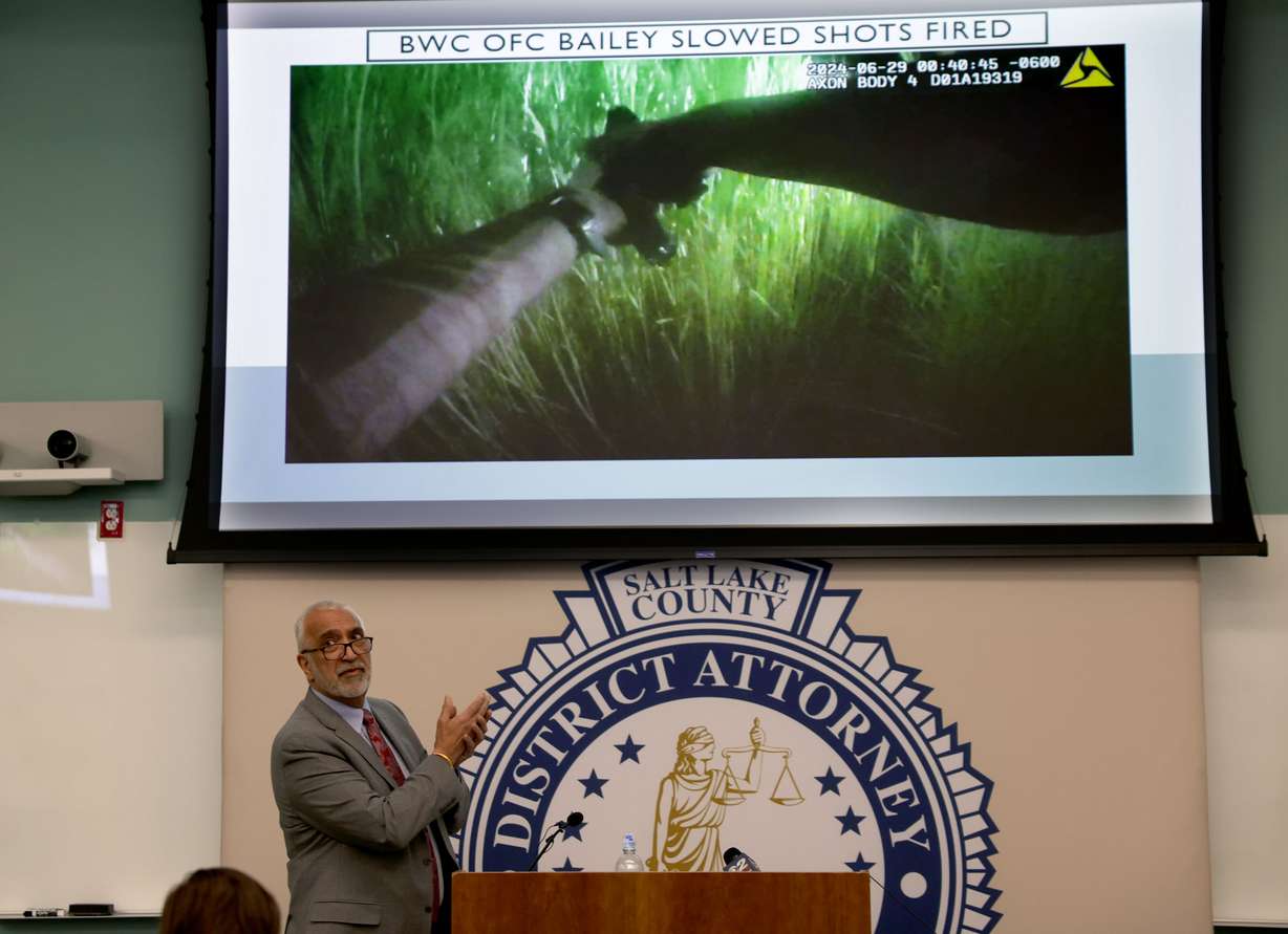Salt Lake County District Attorney Sim Gill speaks to the media about a police shooting that occurred in June in Salt Lake City on Friday. He said the shooting was not legally justified but no charges will be filed against the officer who shot and injured Bobby Joe Caster.