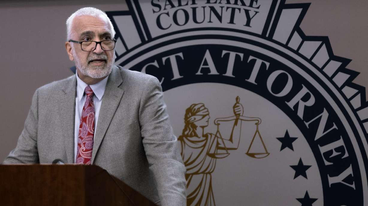 Salt Lake County District Attorney Sim Gill speaks to the media on March 14. On Friday, Gill announced that a Utah Highway Patrol trooper will not be criminally charged for deploying a Taser on a man shortly before the man fell to his death.