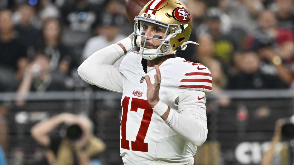 FILE - San Francisco 49ers quarterback Brandon Allen throws a pass during the first half of an NFL preseason football game against the Las Vegas Raiders, Friday, Aug. 23, 2024, in Las Vegas.