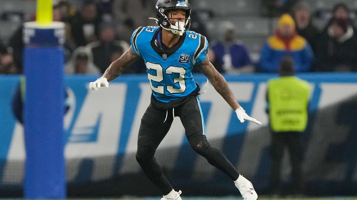 FILE - Carolina Panthers cornerback Dane Jackson (23) follows the action during an NFL football game against the New York Giants at Allianz Arena in Munich, Germany, Sunday, Nov. 10, 2024.