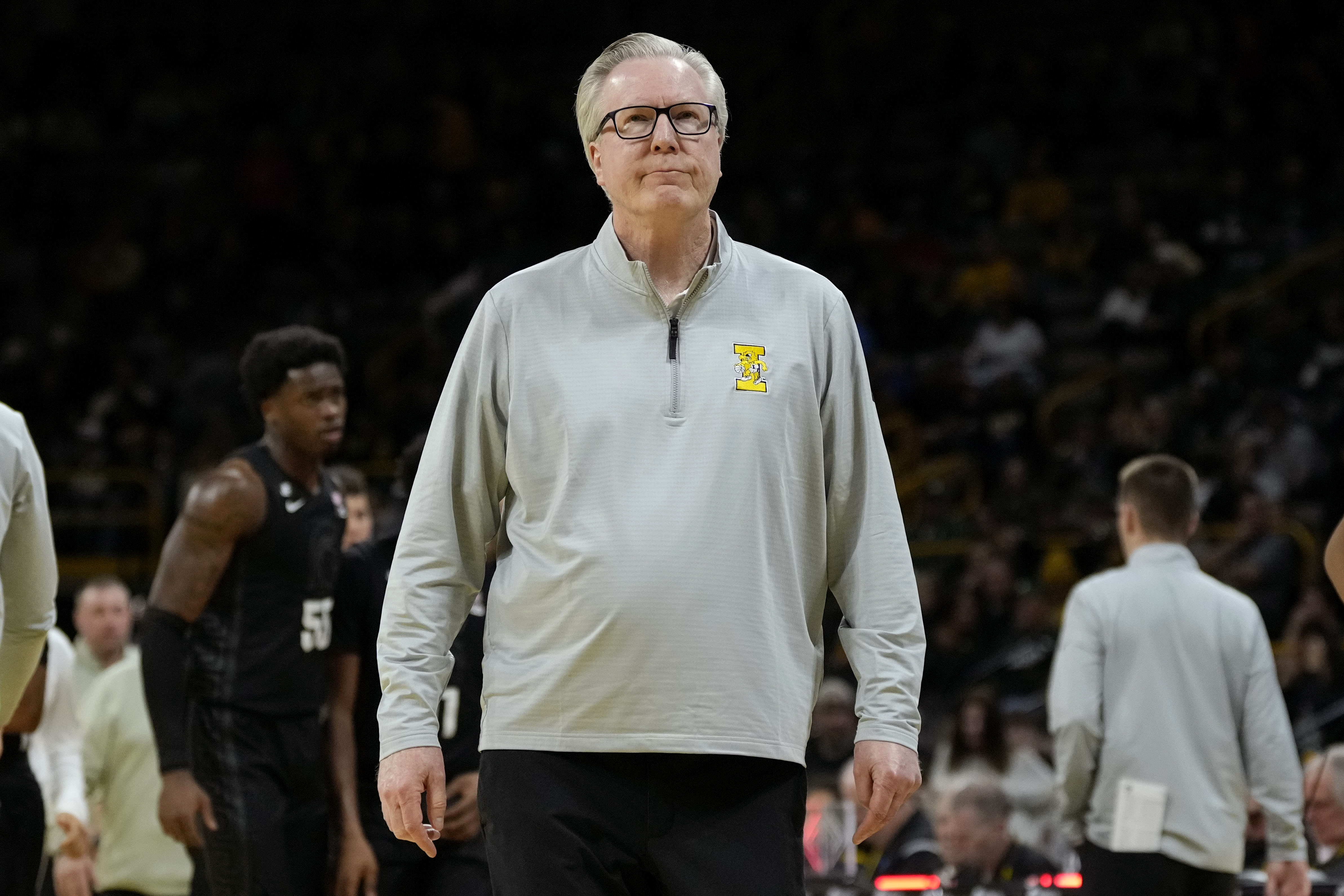 Iowa head coach Fran McCaffery walks off the court at the end of the first half of an NCAA college basketball game against Michigan State, Thursday, March 6, 2025, in Iowa City, Iowa.