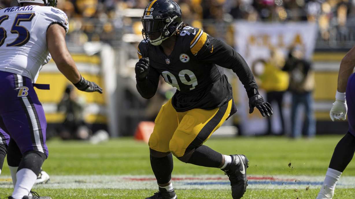 PFILE - ittsburgh Steelers defensive tackle Larry Ogunjobi (99) rushes during an NFL football game, Sunday, Oct. 8, 2023, in Pittsburgh, PA.