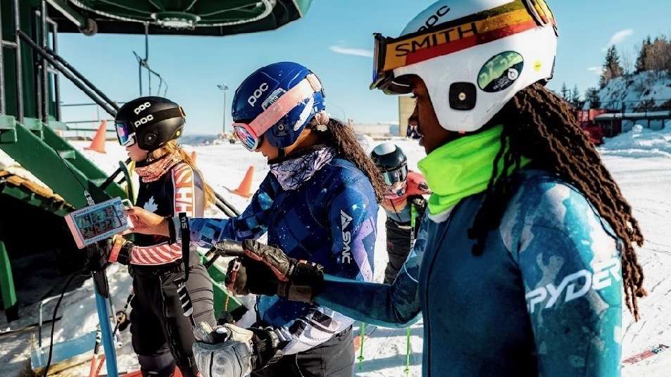 Fantaye Gilbertson, right, and Tallulah Proulx, center, Park City-based skiers and Olympic aspirants, are on a mission to broaden interest in winter sports to more people of color. They're pictured this year at Utah Olympic Park.