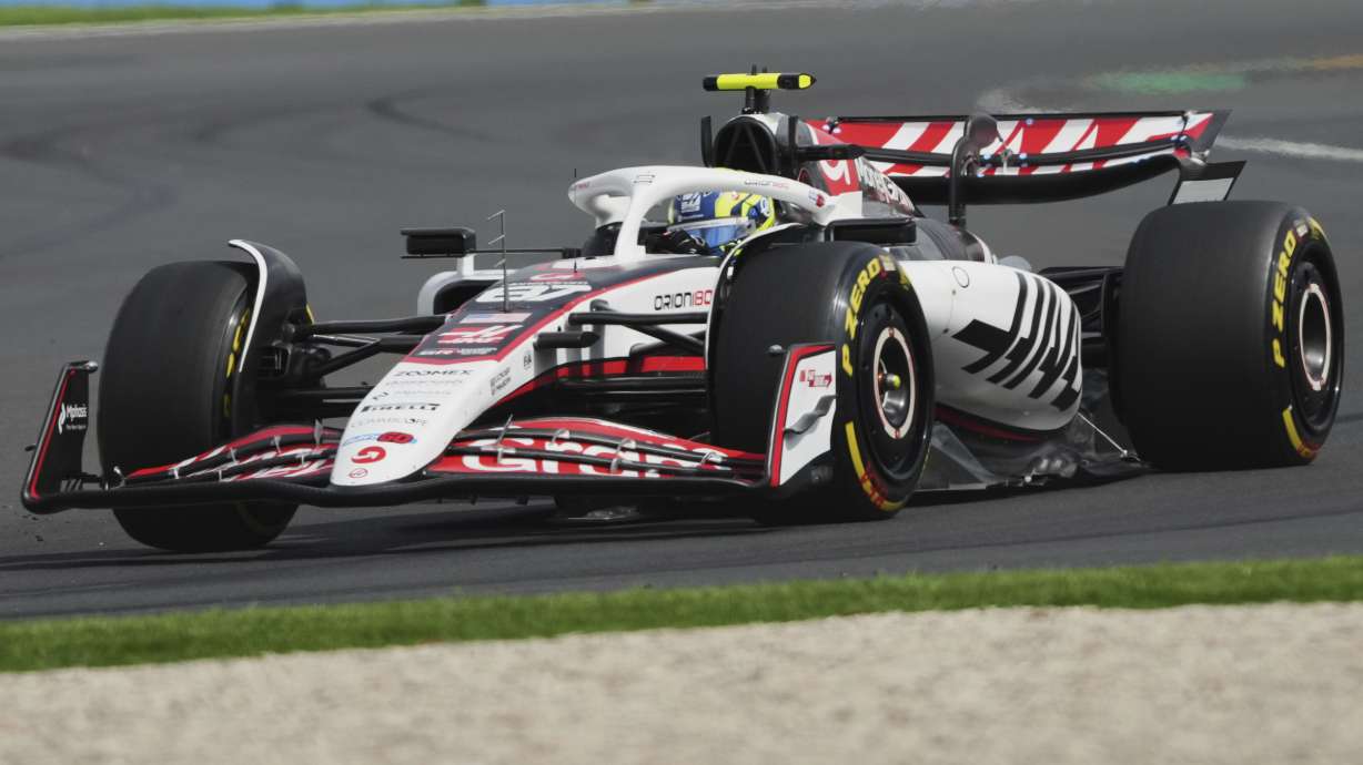 Haas driver Oliver Bearman of Britain steers his car during the third practice session at the Australian Formula One Grand Prix at Albert Park, in Melbourne, Australia, Saturday, March 15, 2025.