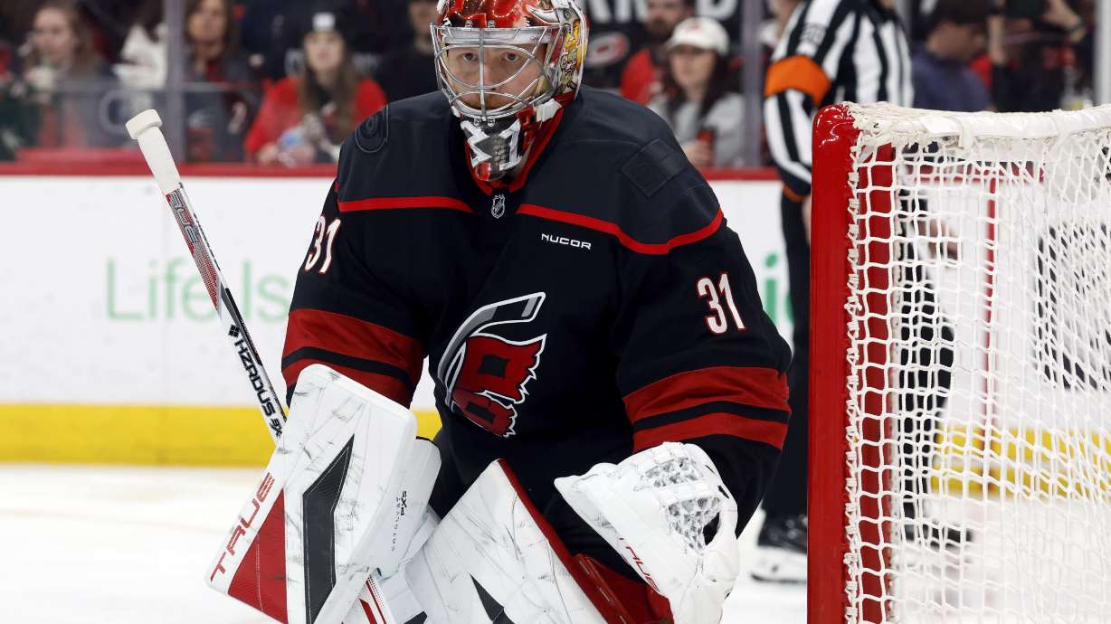Carolina Hurricanes goaltender Frederik Andersen (31) watches the puck during the third period of an NHL hockey game against the Winnipeg Jets, in Raleigh, N.C., Sunday, March 9, 2025.