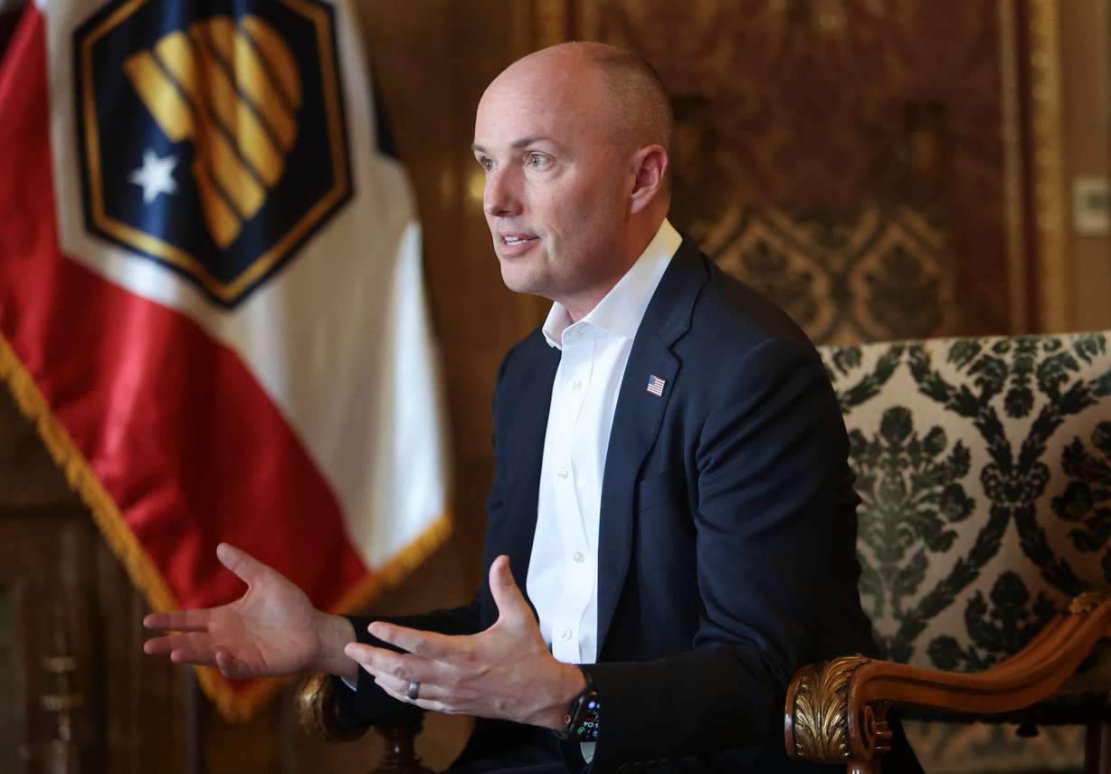 Gov. Spencer Cox answers questions during an interview on the final day of the legislative session at the Capitol in Salt Lake City on Friday, March 7, 2025.