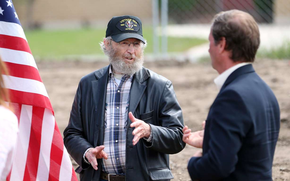 Ron Mortensen, a Vietnam-era veteran, talks with former Rep. Chris Stewart, R-Utah, at the groundbreaking for the Bountiful Veterans Park in Bountiful on Tuesday, May 26, 2020.