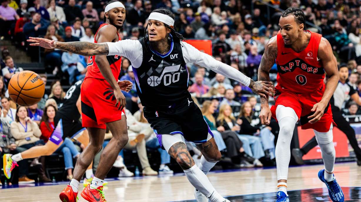 Utah Jazz guard Jordan Clarkson (00) loses control of the ball during an NBA game against the Toronto Raptors held at the Delta Center in Salt Lake City on Friday, March 14, 2025.