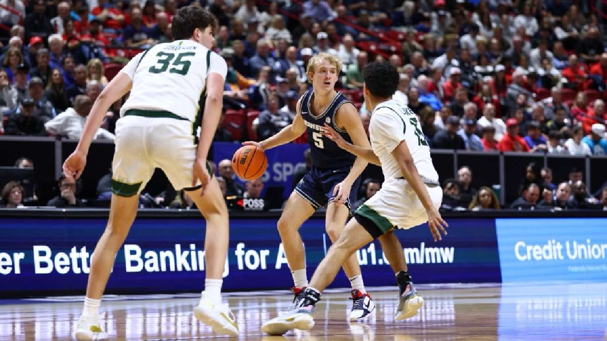 Utah State competes against Colorado State in the semifinals of the Mountain West Tournament in Las Vegas on March 14, 2025.