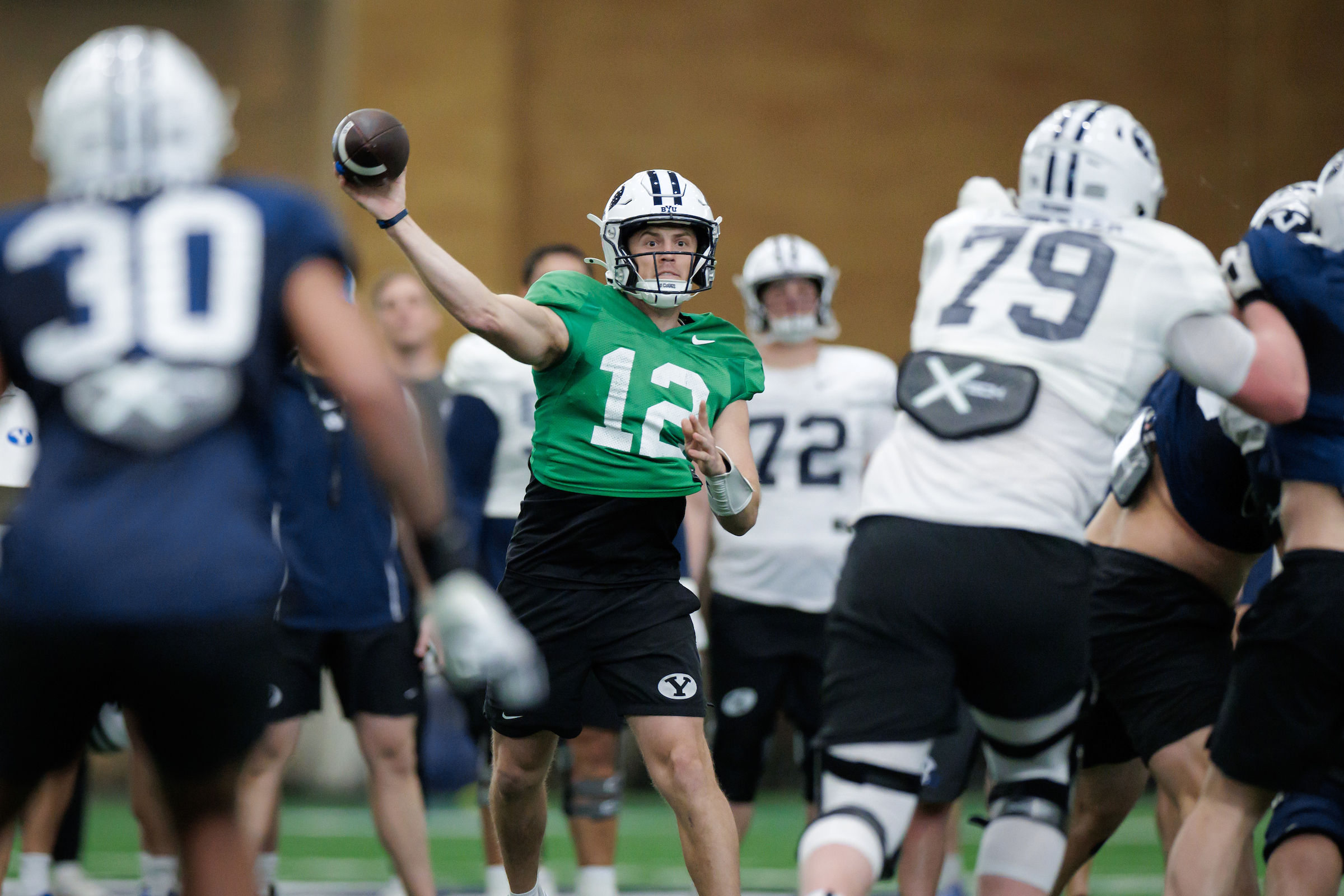 BYU quarterback Jake Retzlaff (12) throws during a spring practice session, Saturday, March 15, 2025 in Provo, Utah.