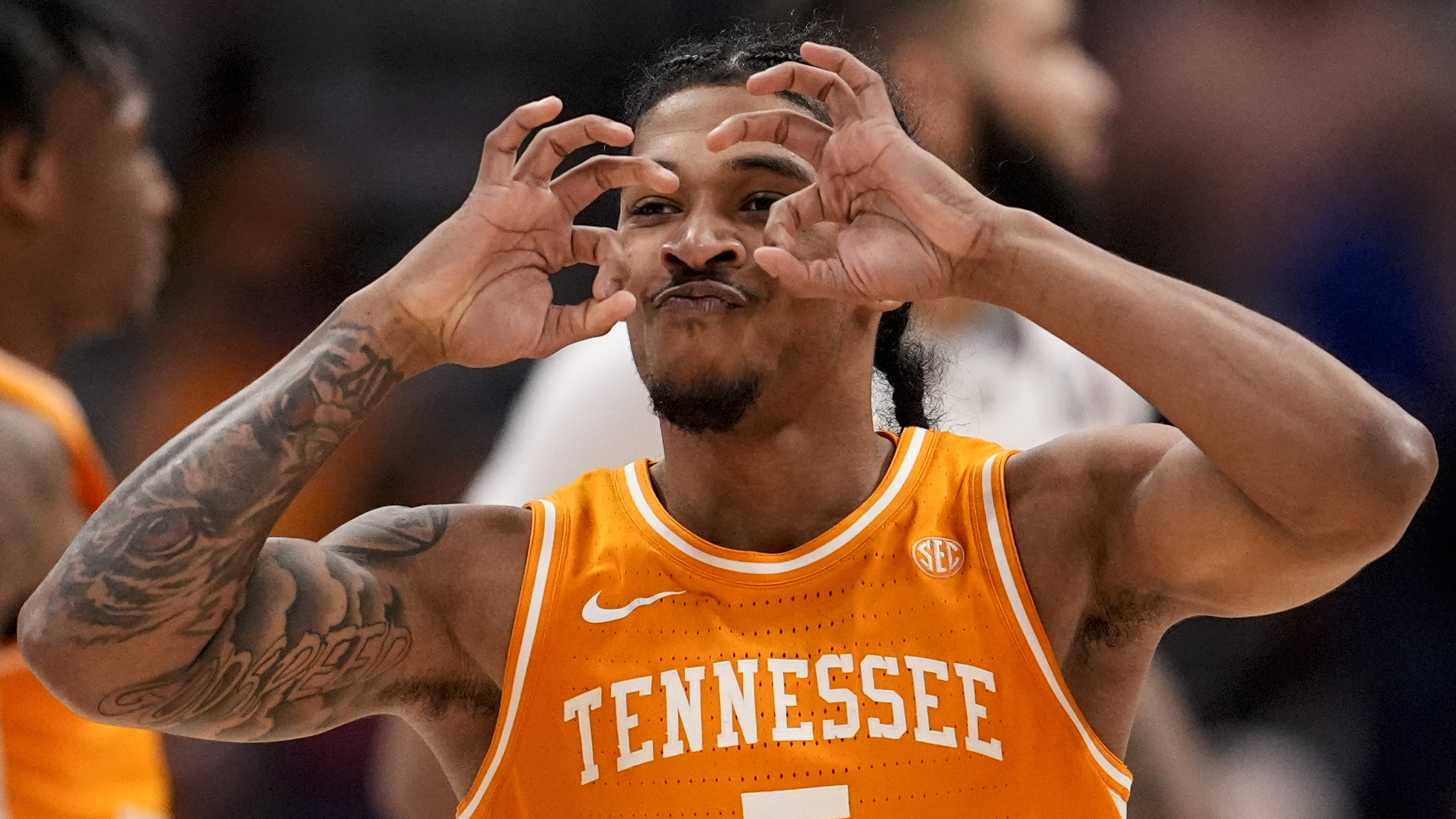 Tennessee guard Zakai Zeigler (5) celebrates after a basket against Auburn during the second half of an NCAA college basketball game in the semifinal round of the Southeastern Conference tournament, Saturday, March 15, 2025, in Nashville, Tenn.