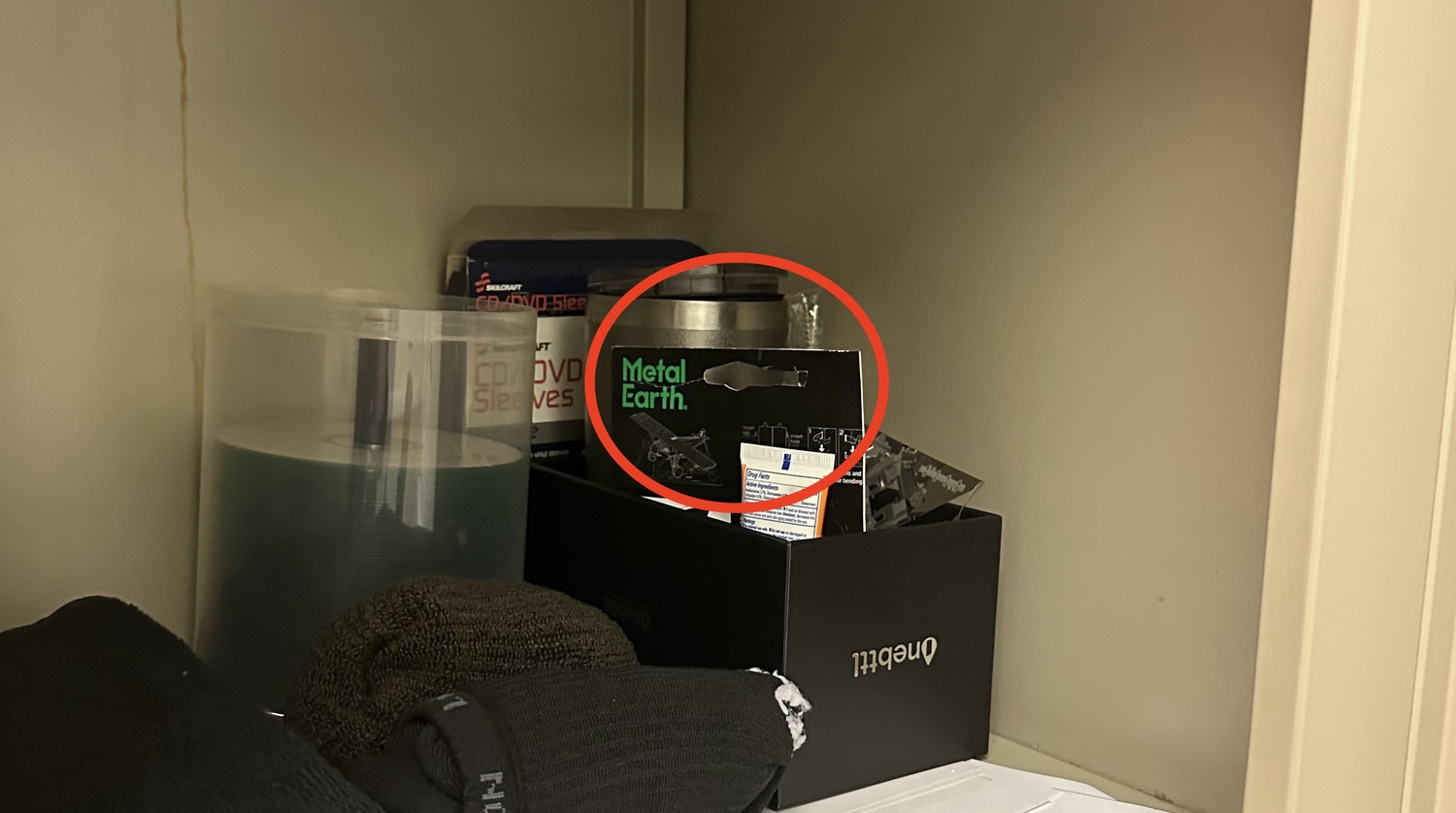 The corner of a cubby in Army Maj. Kenton L. Francis's office, taken right after a woman found a phone hidden behind paper packaging to record her changing.