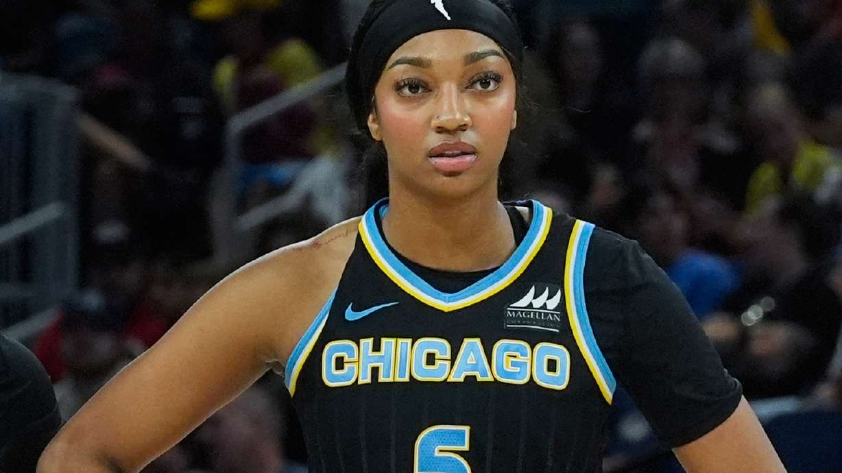 FILE - Chicago Sky forward Angel Reese watches during the second half of a WNBA basketball game, Friday, Aug. 30, 2024, in Chicago.