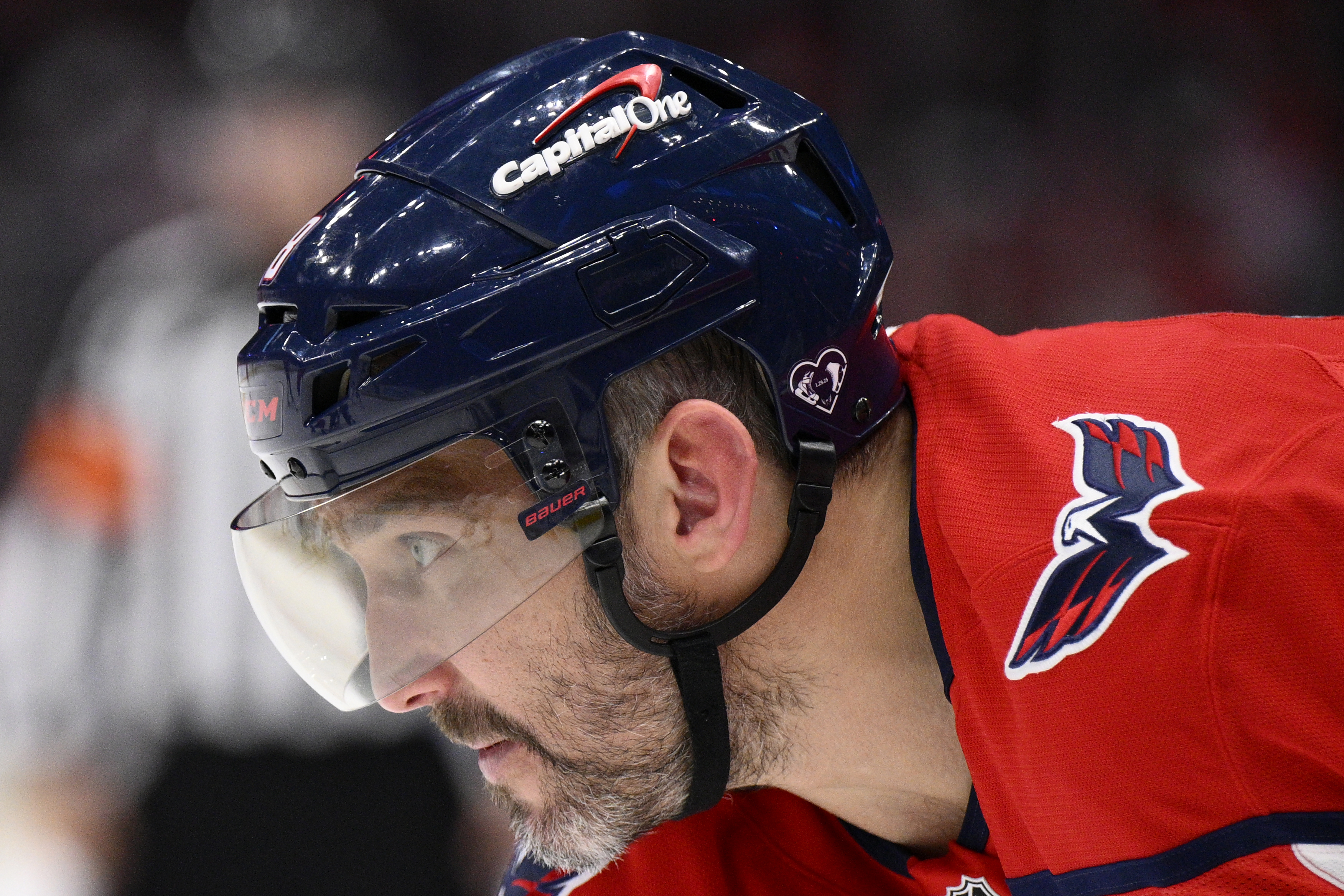 Washington Capitals left wing Alex Ovechkin (8) wears a special helmet decal in support of the figure skating community and all those affected by the Flight 5342 tragedy during the first period of an NHL hockey game against the Tampa Bay Lightning, Saturday, March 1, 2025, in Washington.