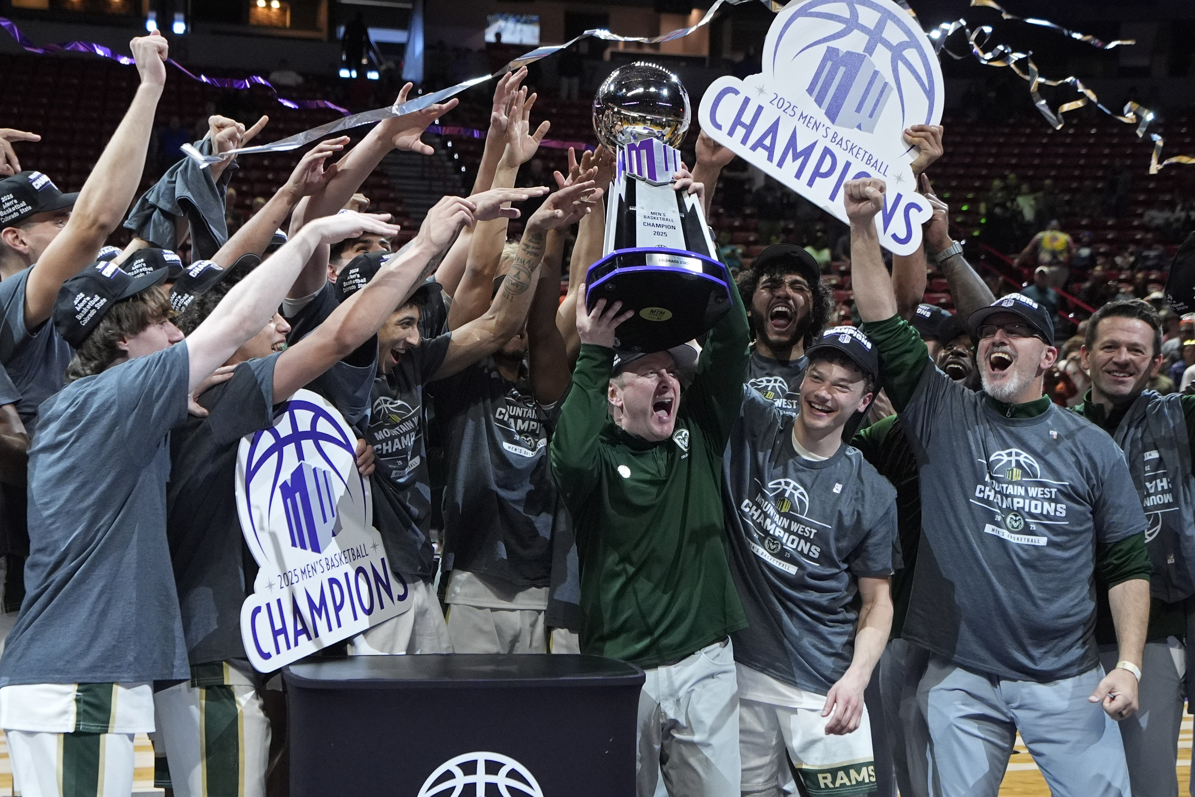 Colorado State players celebrate after defeating Boise State in an NCAA college basketball championship game at the Mountain West Conference tournament Saturday, March 15, 2025, in Las Vegas.