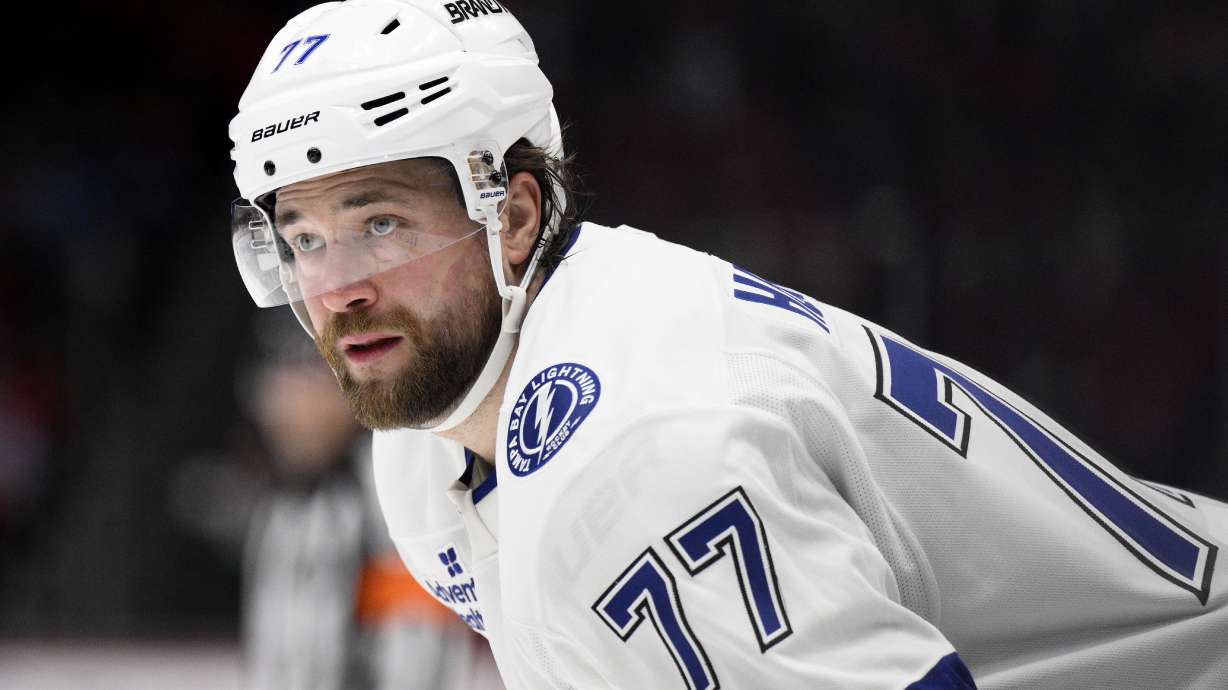 Tampa Bay Lightning defenseman Victor Hedman (77) looks on during the second period of an NHL hockey game against the Washington Capitals, Saturday, March 1, 2025, in Washington.