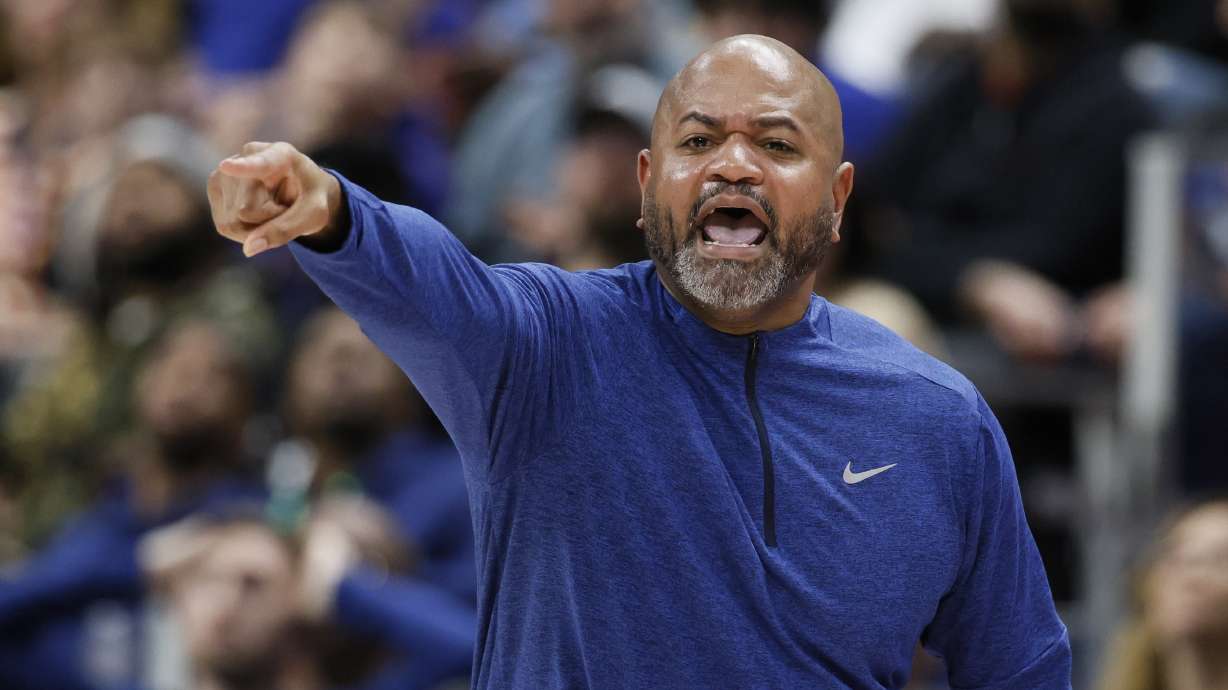 Detroit Pistons head coach J.B. Bickerstaff shouts to his team during the second half of an NBA basketball game against the Oklahoma City Thunder, Saturday, March 15, 2025, in Detroit.
