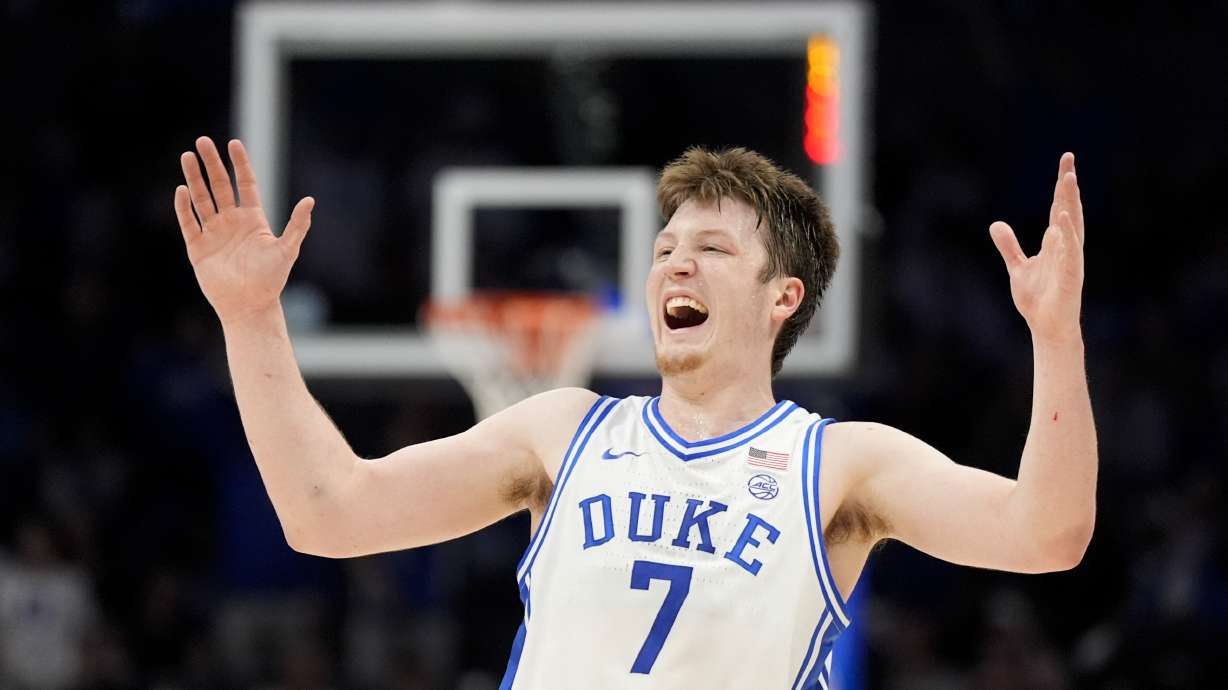 Duke guard Kon Knueppel reacts during the second half of an NCAA college basketball game against Louisville in the championship of the Atlantic Coast Conference tournament, Saturday, March 15, 2025, in Charlotte, N.C.