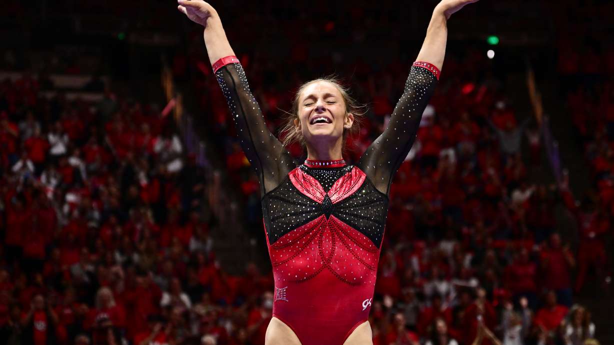 Grace McCallum reacts at the end of her beam routine as Utah and UCLA compete in gymnastics at the Huntsman Center in Salt Lake City on Saturday, March 15, 2025. McCallum scored a perfect 10.