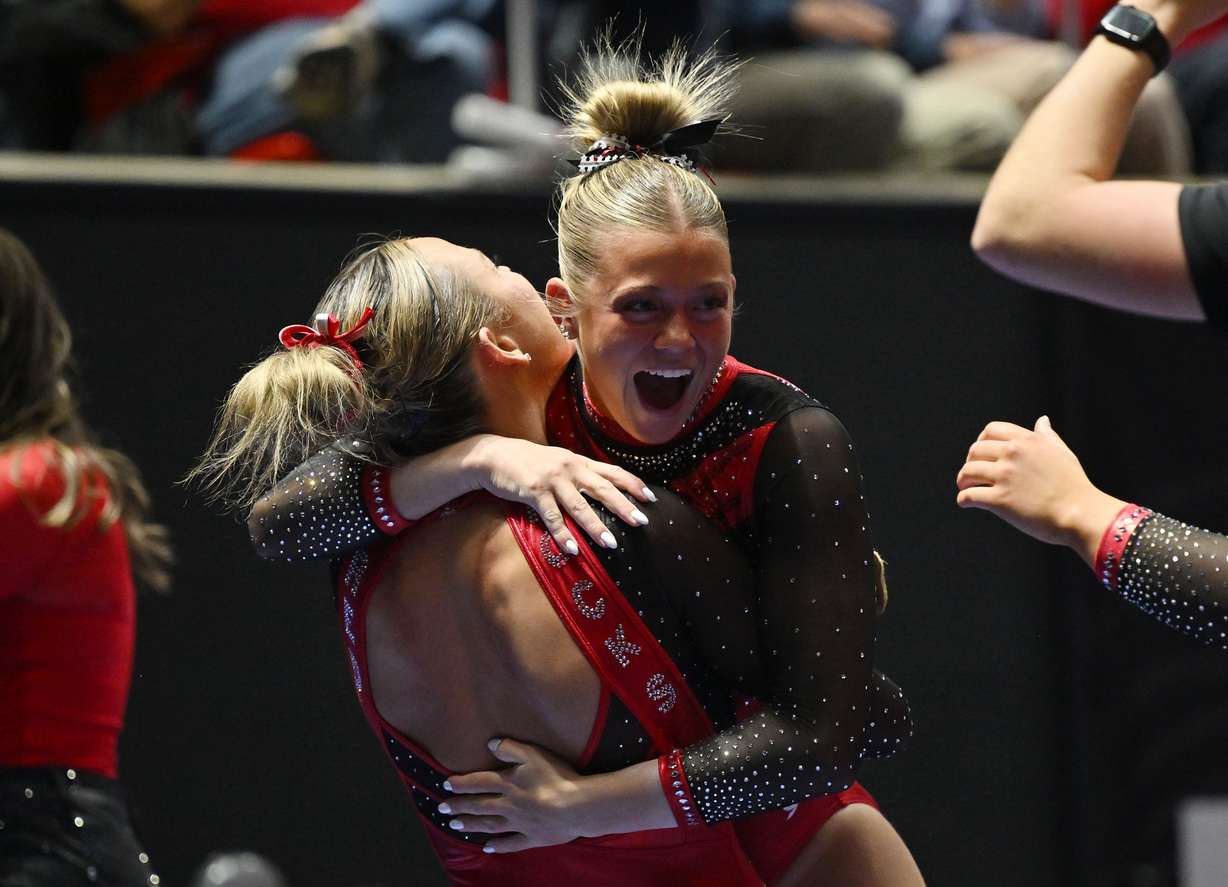 Utah’s Avery Neff celebrates after her vault as Utah and UCLA compete in gymnastics at the Huntsman Center in Salt Lake City on Saturday, March 15, 2025.