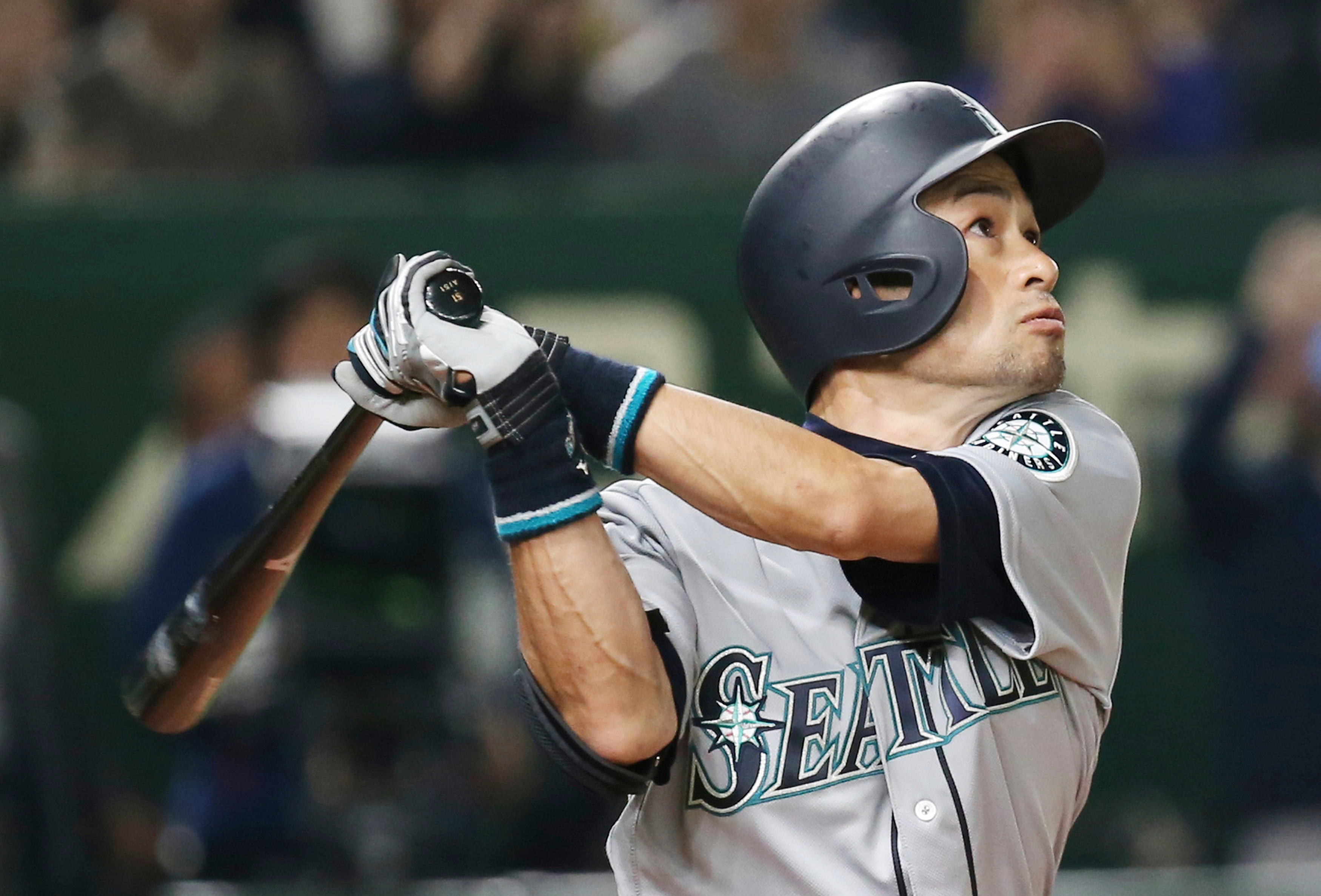 FILE - FILE - In this March 20, 2019, file photo, Seattle Mariners' Ichiro Suzuki pops out in the third inning of Game 1 of the Major League Baseball opening series against the Oakland Athletics at Tokyo Dome in Tokyo.