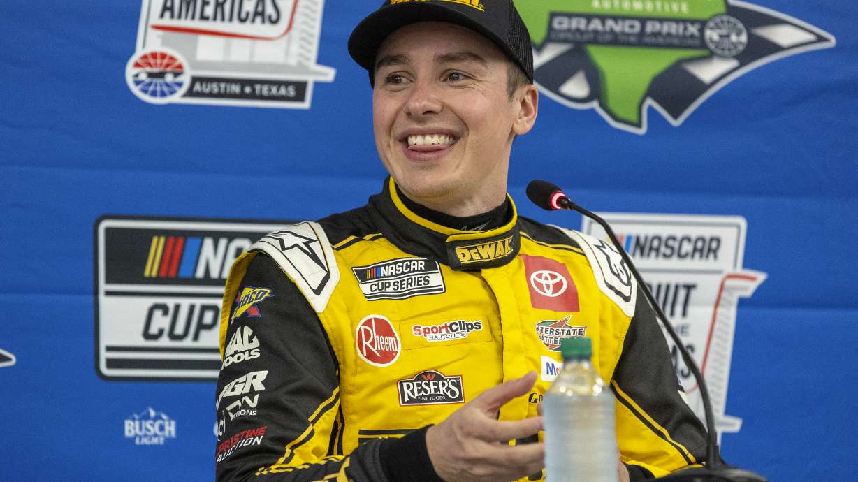 Christopher Bell speaks after his win in a NASCAR Cup Series auto race at Circuit of the Americas in Austin, Texas, Sunday, March 2, 2025.