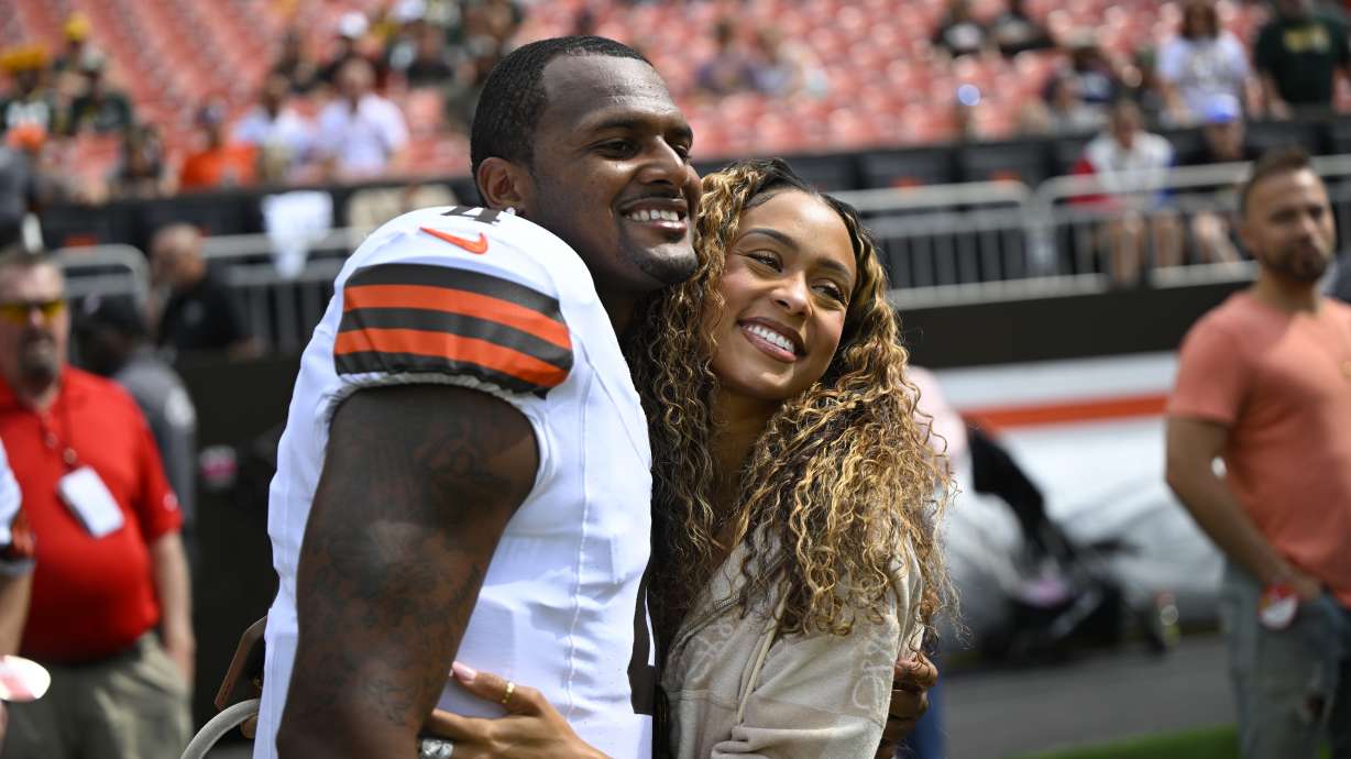 FILE - Cleveland Browns quarterback Deshaun Watson poses with his girlfriend Jilly Anais during pregame of an NFL preseason football game against the Green Bay Packers, Saturday, Aug. 10, 2024, in Cleveland.