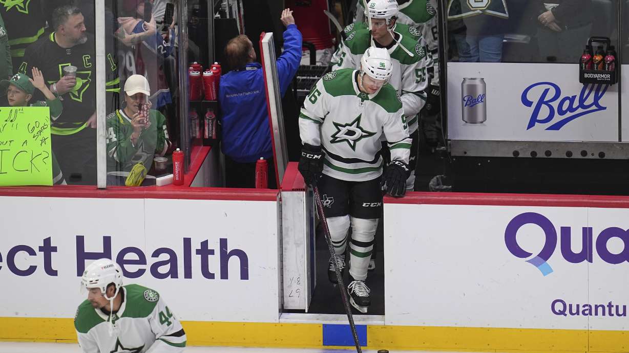 Dallas Stars right wing Mikko Rantanen steps on the ice to warm up before an NHL hockey game against his former team, the Colorado Avalanche, Sunday, March 16, 2025, in Denver.