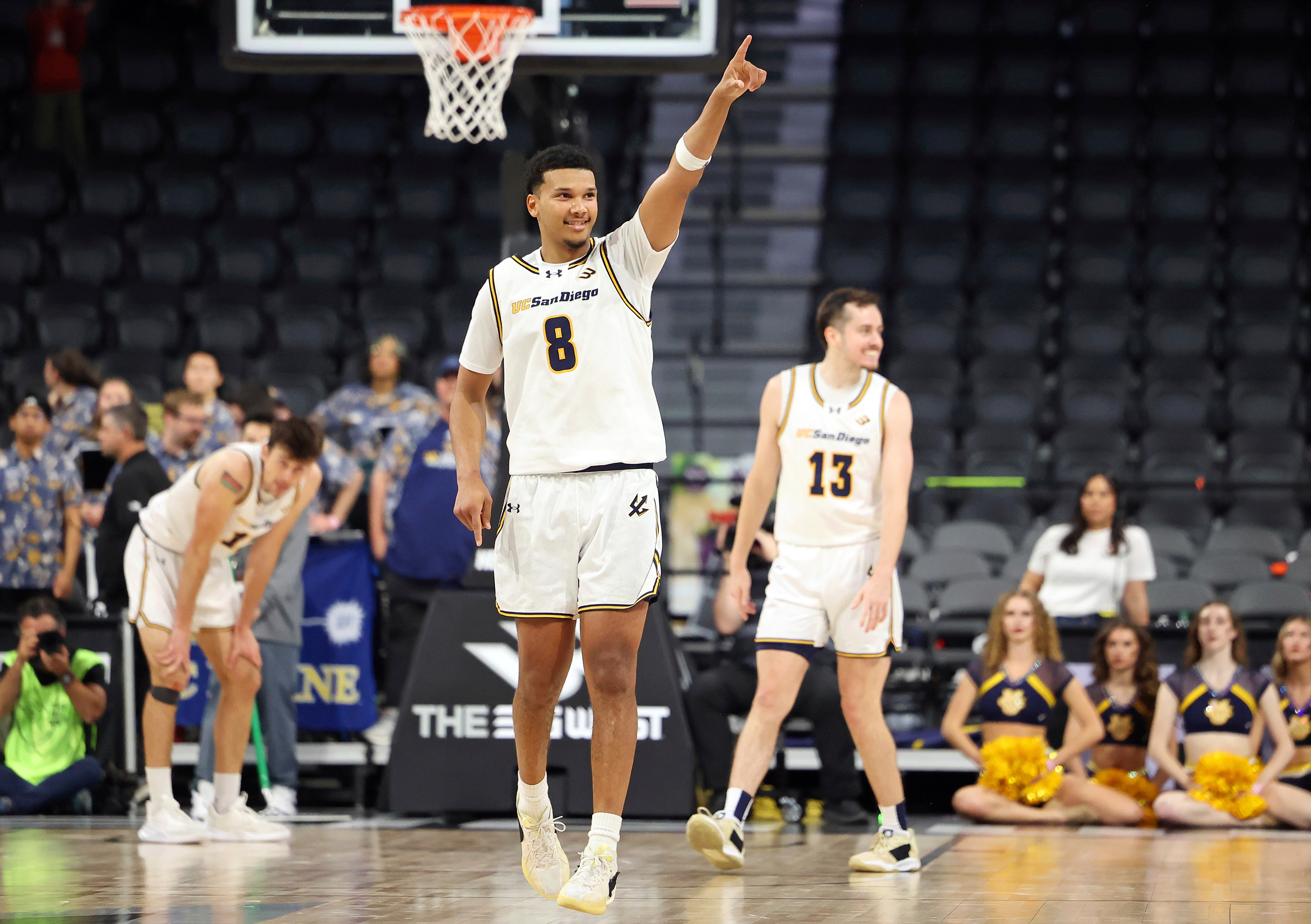 UC San Diego guard Chris Howell (8) celebrates near the end of an NCAA college basketball game against UC Irvine in the championship of the Big West Conference tournament Saturday, March 15, 2025, in Henderson, Nev.