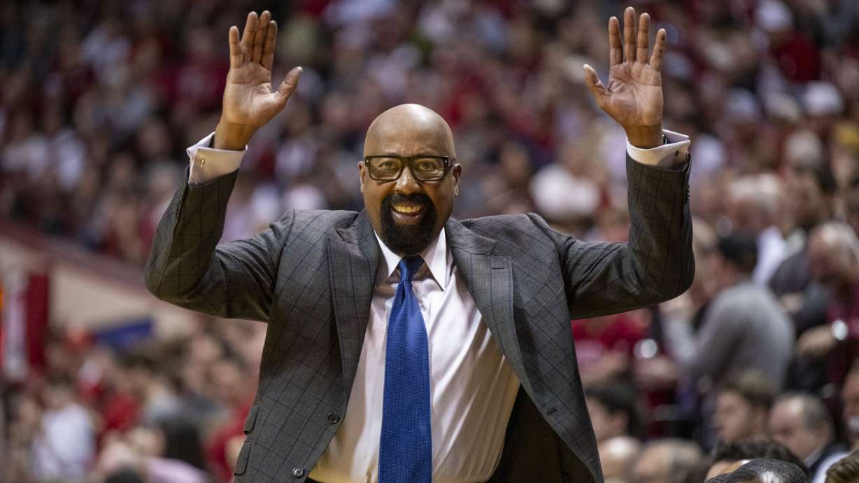 Indiana head coach Mike Woodson gestures toward an official during the second half of an NCAA college basketball game against Purdue, Sunday, Feb. 23, 2025, in Bloomington, Ind.