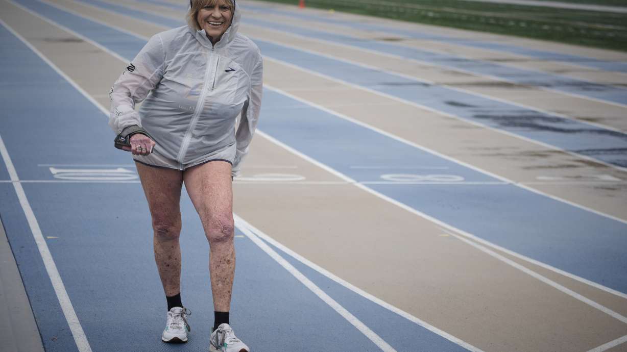 Sharon Kerson, 83, trains for the Los Angeles Marathon at the West Los Angeles College track in Culver City, Calif., Thursday, March 13, 2025.