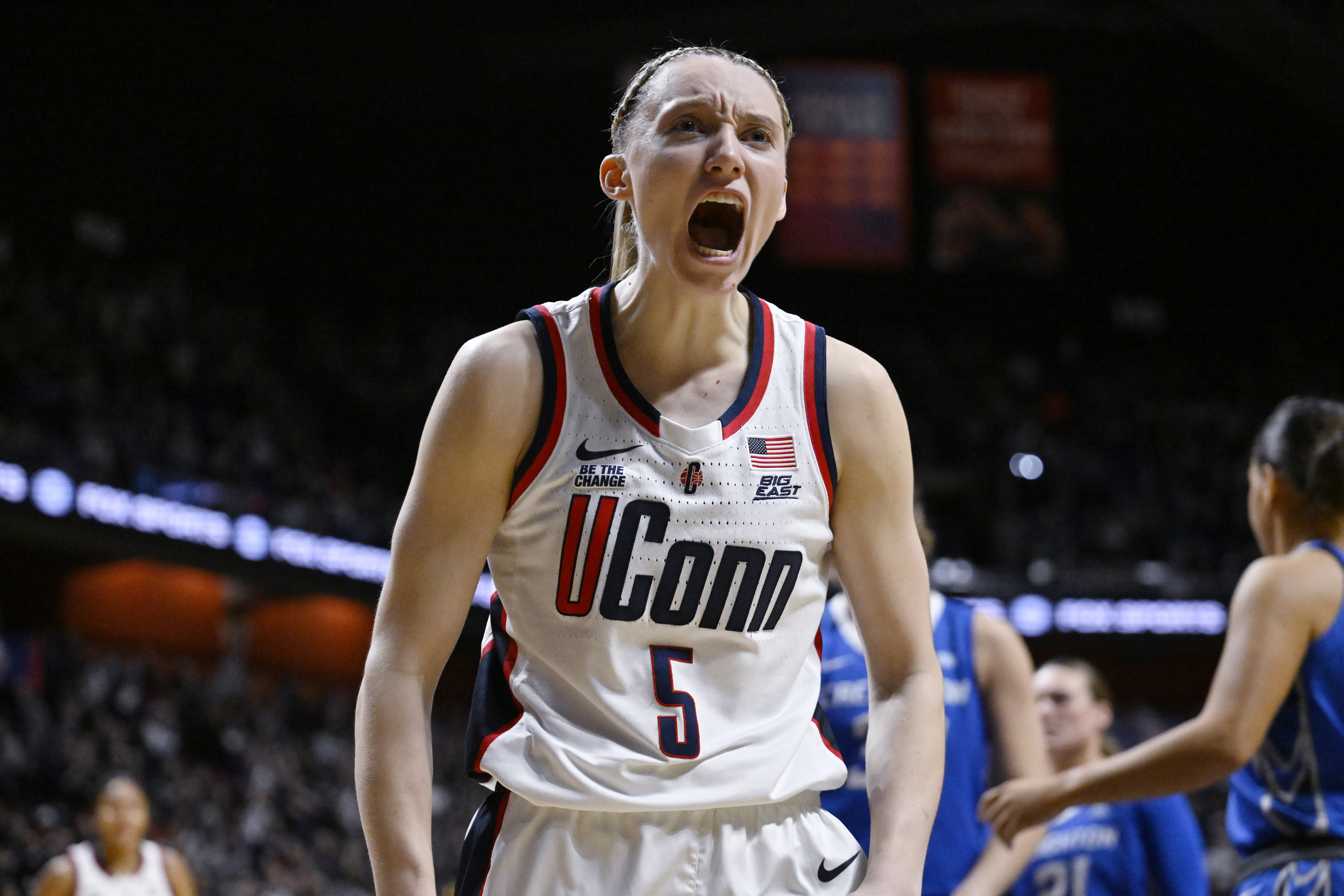 UConn guard Paige Bueckers (5) reacts after making a basket while being fouled during the second half of an NCAA college basketball game against Creighton in the finals of the Big East Conference tournament, Monday, March 10, 2025, in Uncasville, Conn.