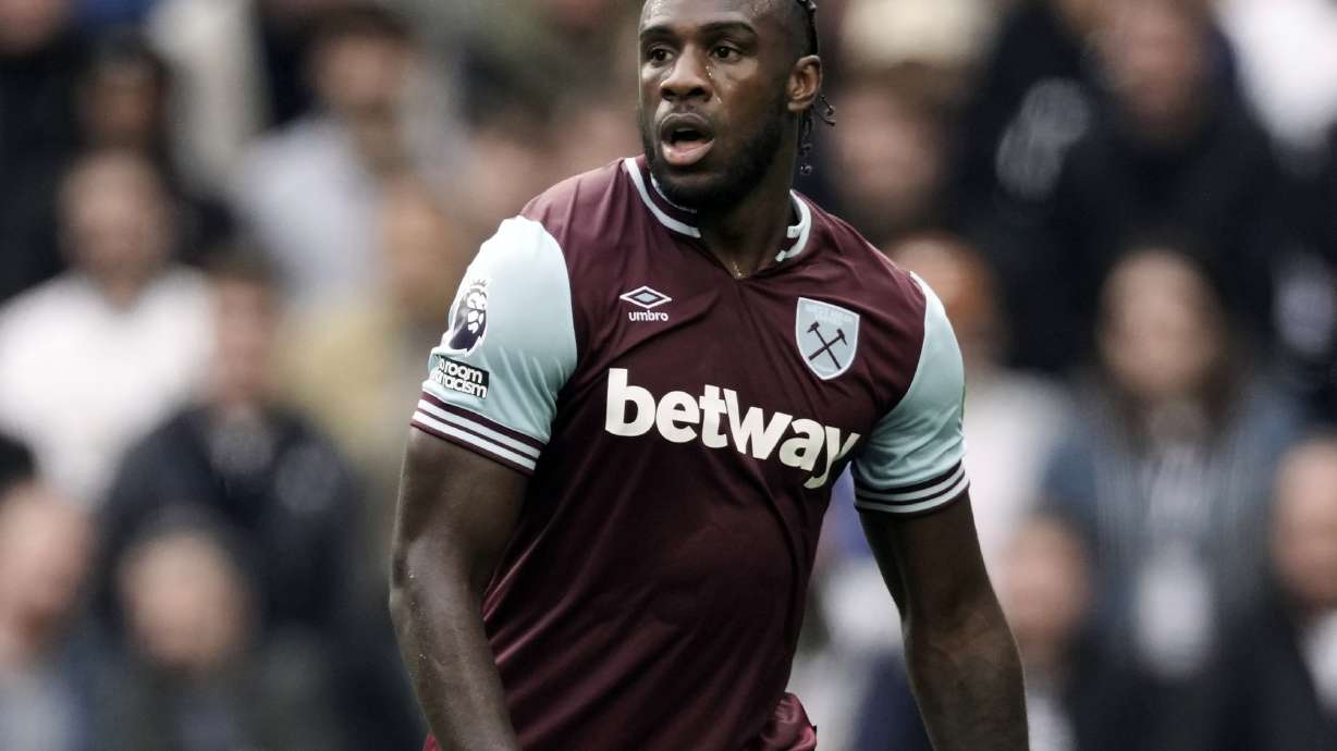 FILE - West Ham's Michail Antonio runs into position during their English Premier League soccer match against Tottenham Hotspur, at the Tottenham Hotspur Stadium in London, Saturday, Oct 19, 2024.