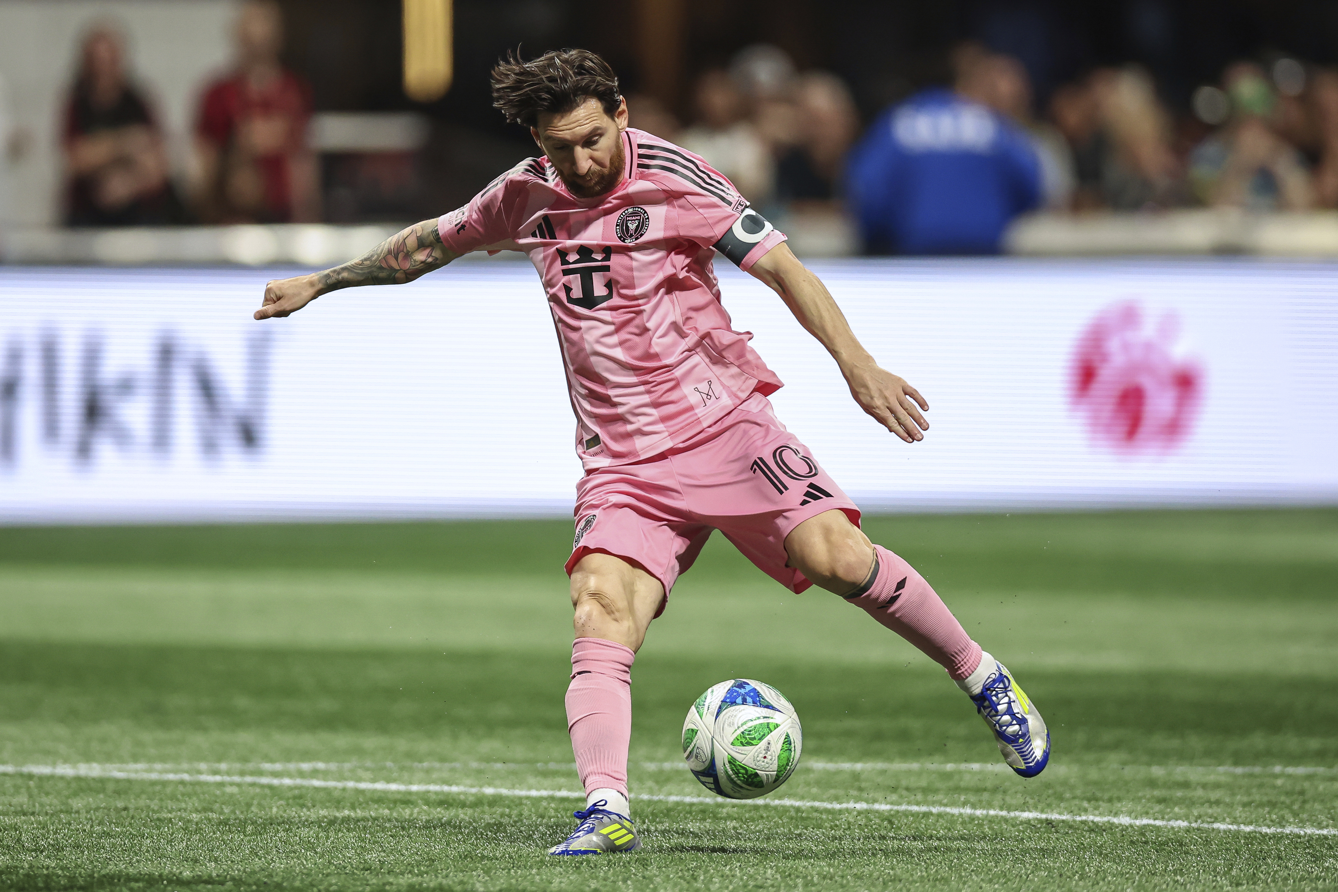 Inter Miami forward Lionel Messi (10) attempts a shot during the first half of an MLS soccer match against Atlanta United, Sunday, March 16, 2025, in Atlanta.