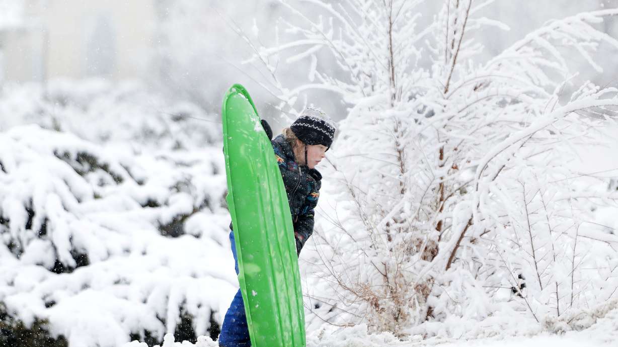 Winnie Hendrick, 4, of Salt Lake City, sleds at 11th Avenue Park in Salt Lake City on Feb. 20. An incoming storm is expected to deliver more valley snow, as well as possibly up to 2 feet of snow or more in parts of Utah's mountains.