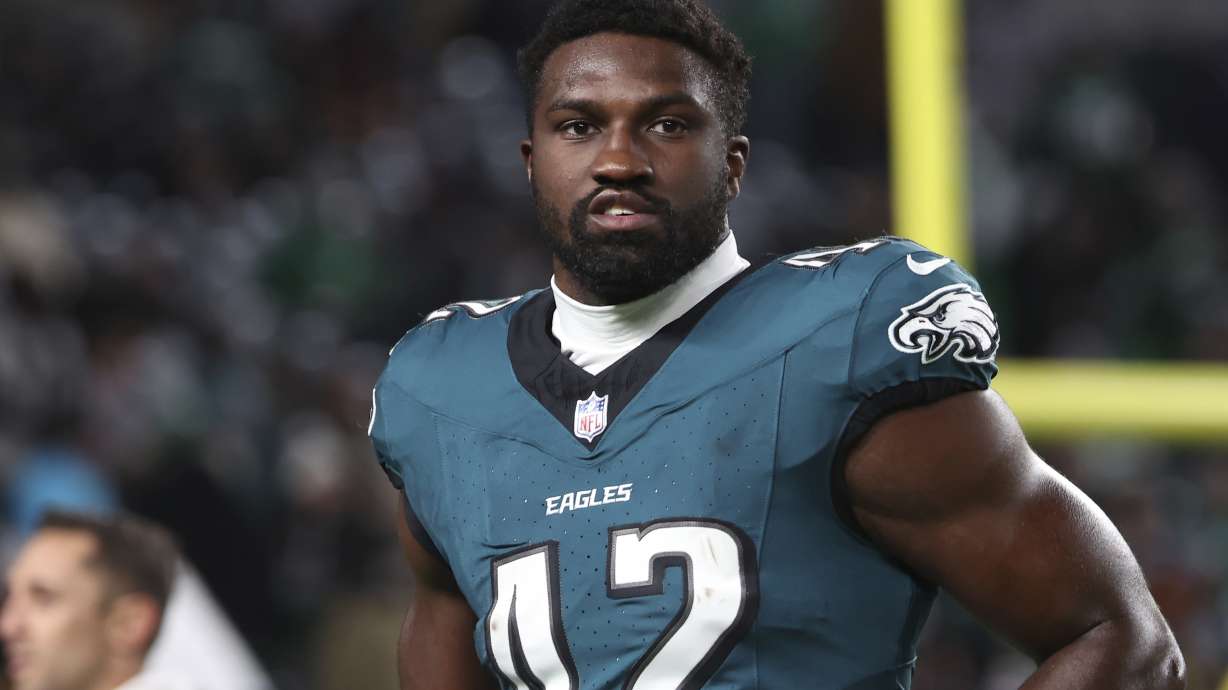 FILE - Philadelphia Eagles linebacker Oren Burks (42) leaves the field following pregame warmups before an NFL football game against the Washington Commanders, Thursday, Nov. 14, 2024, in Philadelphia, PA.